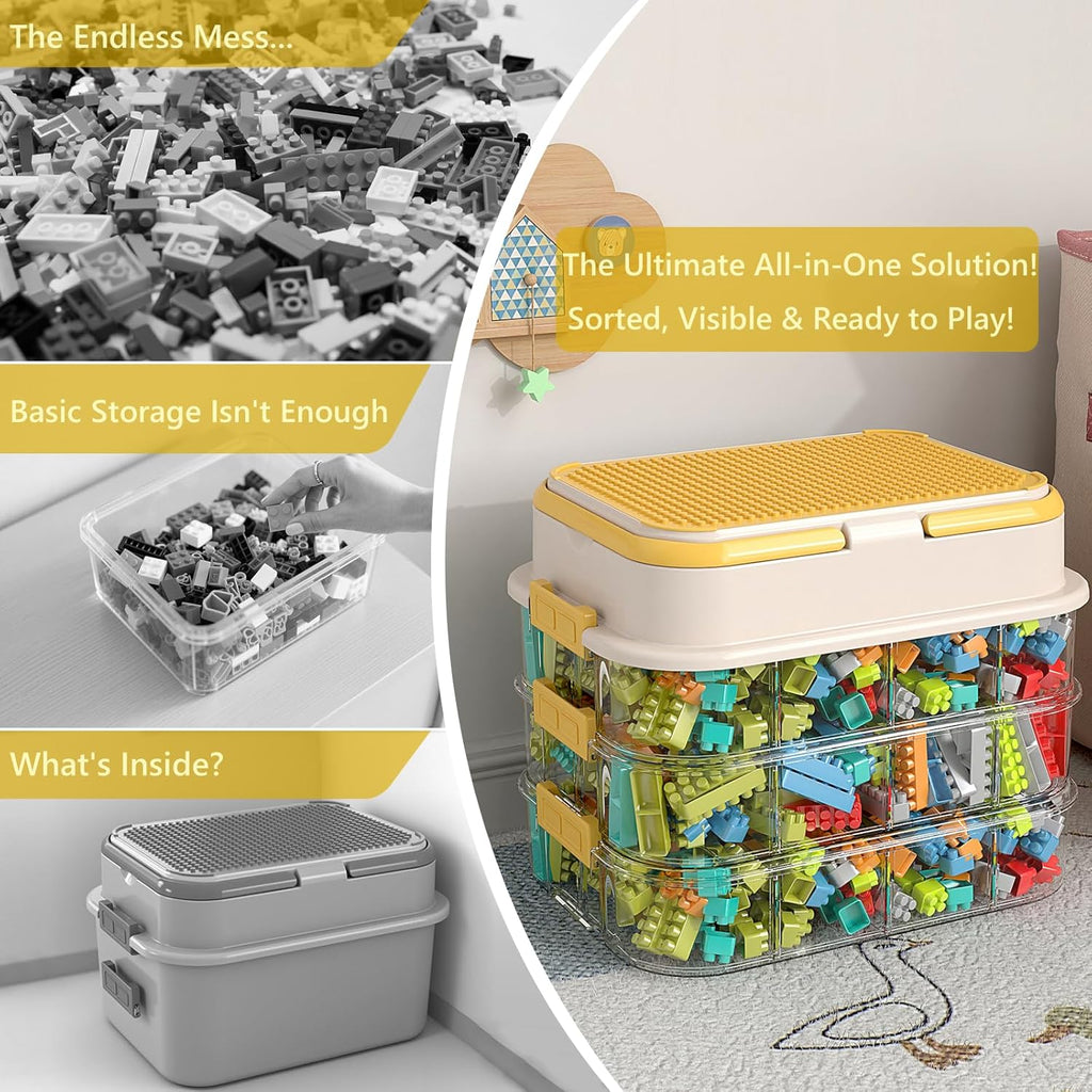 Toy Storage Organizer Box with Handle, Stackable Building Block Toy Box with Building Plate Lid & Removable Sorting Trays, Cubby Bins and Containers 3 Layer (Lemon)