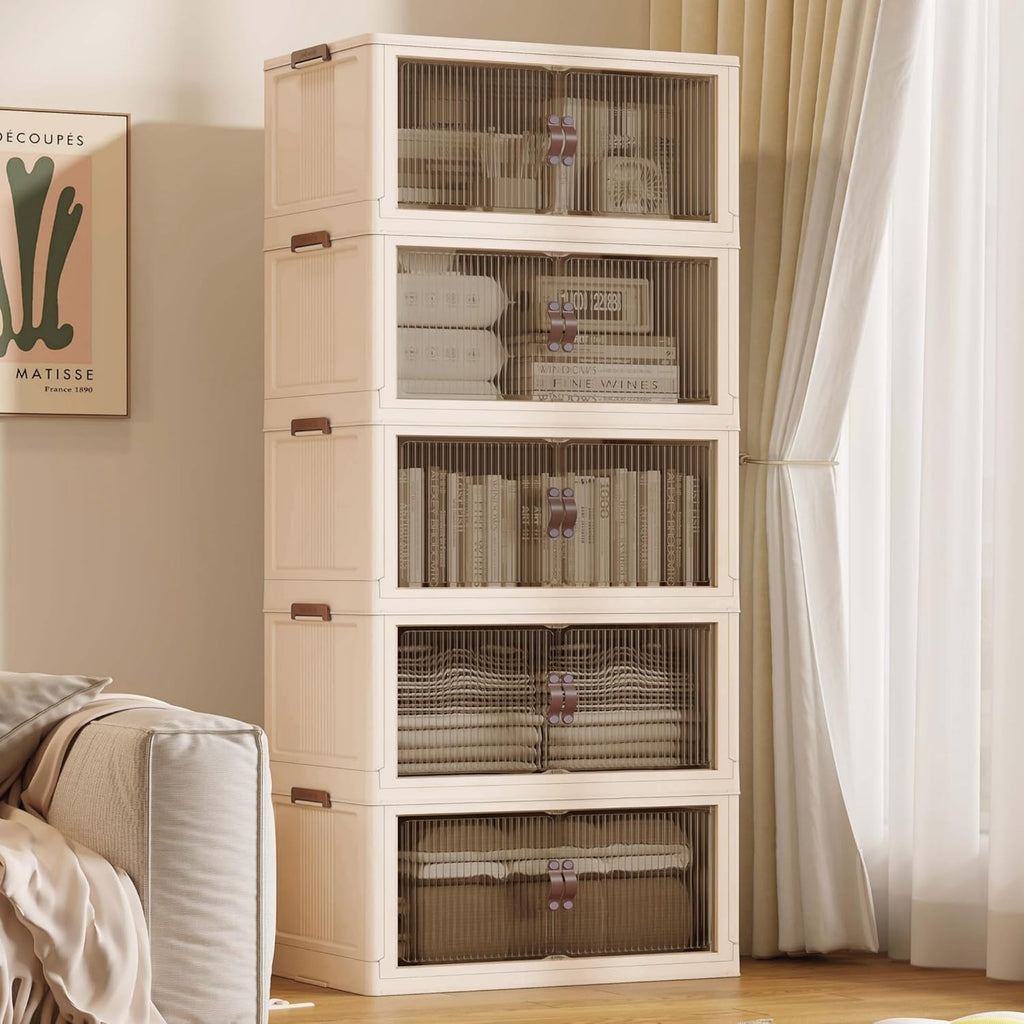 SAILUN 136Gal/543Qt Stackable Storage Bins Folding Collapsible Storage Bins with Lid, Closet Organizers and Storage Box with Door Beige 26" W x 17" D x 71" H