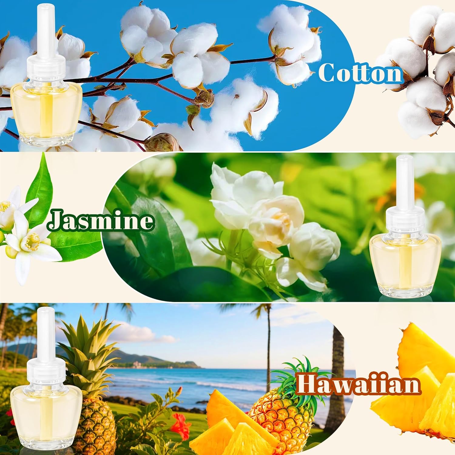 Plug in Air Fresheners Refills, Essential Oil Scented Refill with 2 Warmer, Jasmine, Hawaiian, Cotton, Long Lasting Home Fragrance for Bathroom, Compatible with Airwick, Compatible with Glade