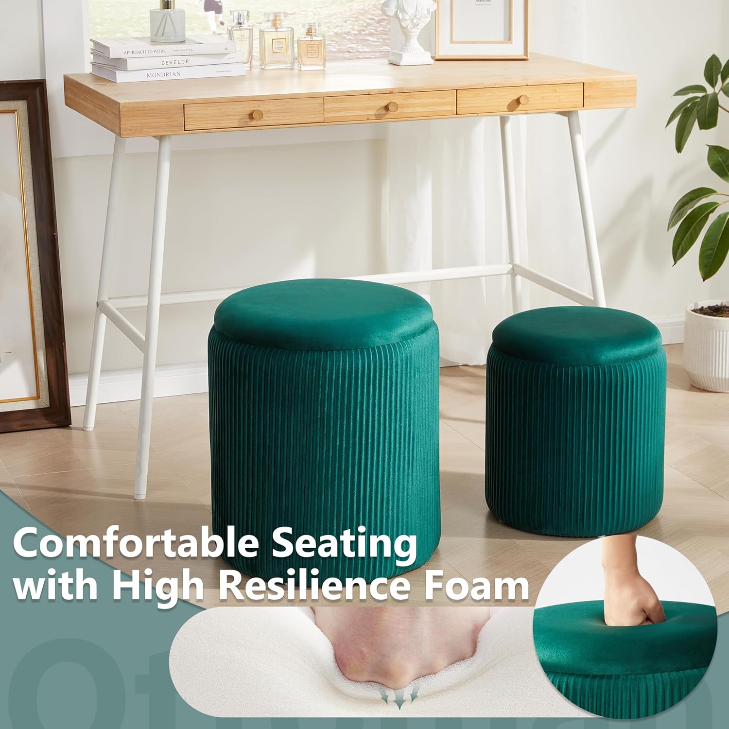 Royal Windsor Round Ottoman with Storage Set of 2,Vanity Stool with Storage for Bedroom, Ottoman Coffee Table, Small Velvet Foot Stool for Living Room, Green