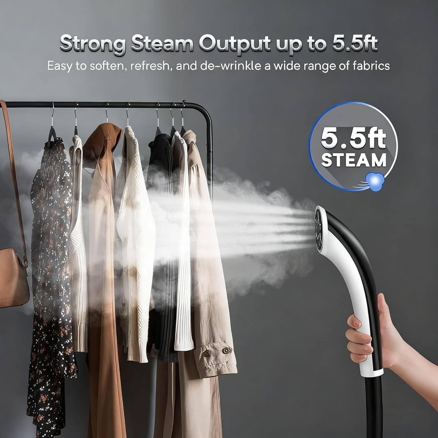 Steamer for Clothes, 1500W Standing Garment Steamer with 35s Fast Heating, 2.5L Water Tank for 1.5H Steaming, Adjustable Height Stand with Clothes Hanger, Professional Wrinkle Removal