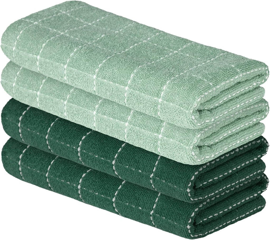 Artoid Mode Checkered Designed Cotton Dark Green Terry Kitchen Dish Towels, 15x25 Inch Soft Absorbent Quick Drying Cleaning Tea Towels Set of 4