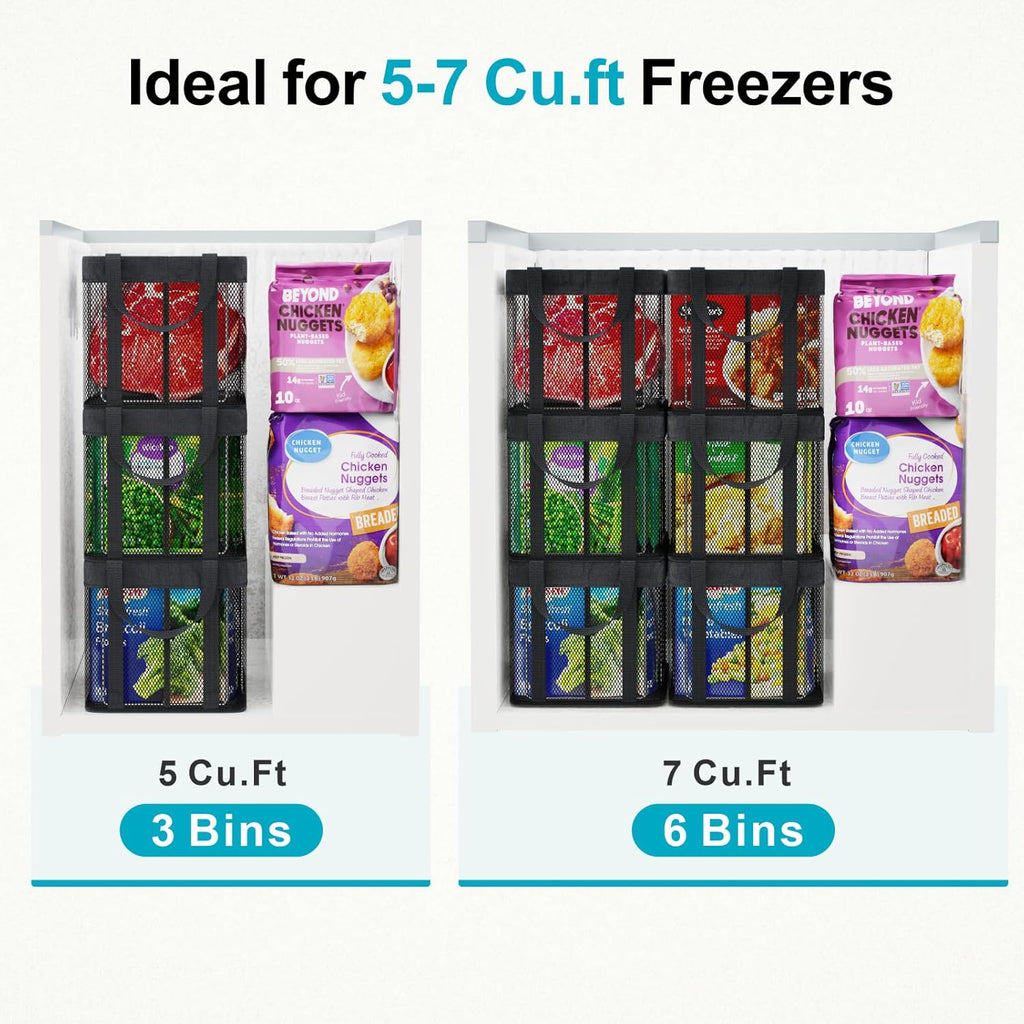 iSPECLE Freezer Organizer Bins - 3 Pack Large Stackable Deep Freezer Organizer Bins for 5 to 7 Cu.Ft Chest Freezers Easy Get Foods without Digging, Faster Freezing Better Freshness, Black