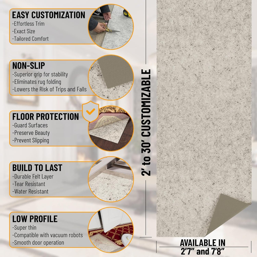 Ottomanson 2'7" x 11' Non-Slip Rug Pad Gripper 1/12 Inch Ultra Thin Dual Surface Felt + Rubber Gripper - Safe for All Floors, Cream