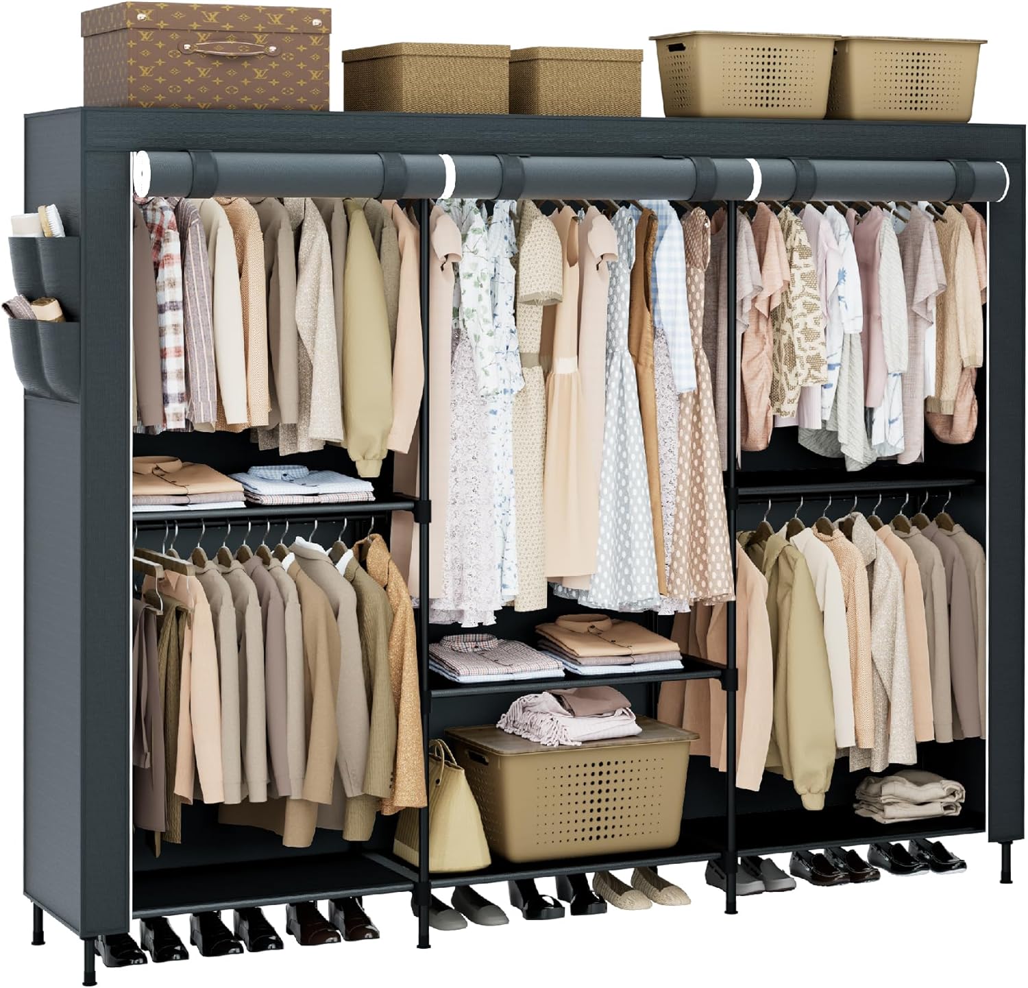 Clothes Rack, Portable Closet, 81.5 Inch Large Capacity Wardrobe Closet, Clothes Storage Organizer with Shelves and 5 Hanging Rods, Easy to Assembly, Grey PCT136G01