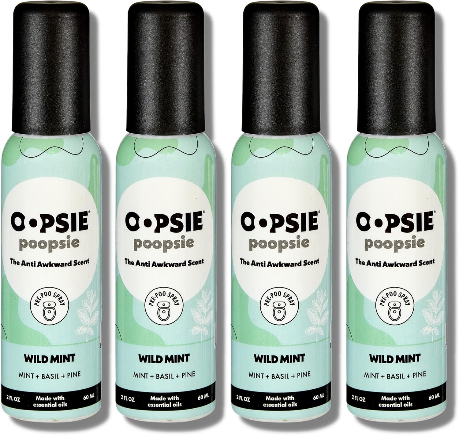 OOPSIE POOPSIE - Wild Mint - Before & After You Go Toilet Spray 2oz - Portable Odor Eliminator - 4 Pack