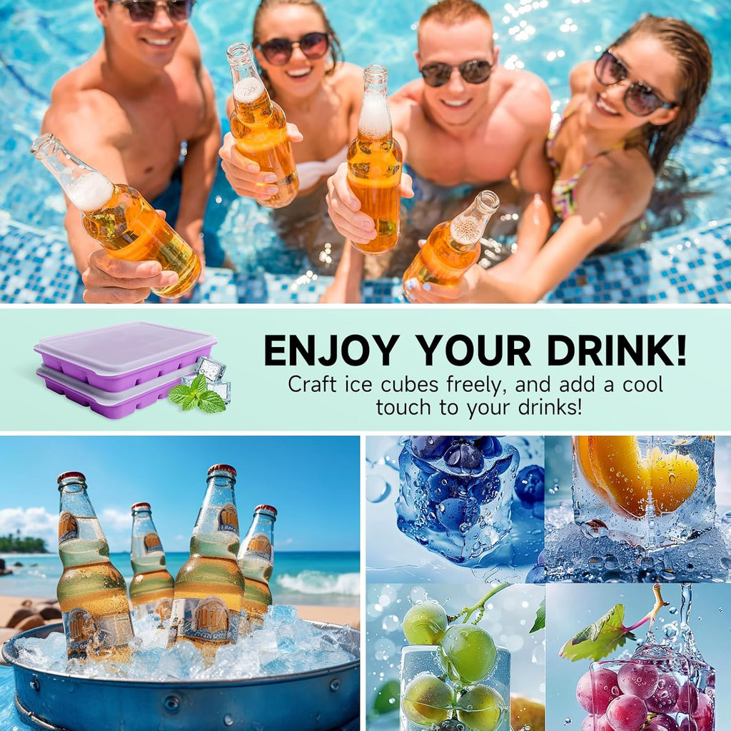 Tvmania Ice Cube Trays Set of 2, Easy Release 15 Flexible Silicone Ice Cube Molds with Removable Lid Reusable Freezer Ice Trays Stackable for Whiskey, Baby Food, BPA Free (purple)
