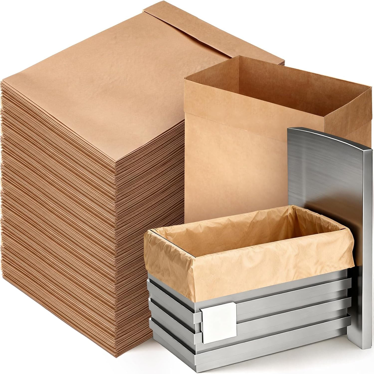 60 Pcs Trash Compactor Bags for Kitchen Pre-Cuffed Heavy Duty Kraft Paper Compactor Bags with Waterproof Liner Reinforced Bottom for Kitchen Use, 20.47 x 15.75 x 8.66"