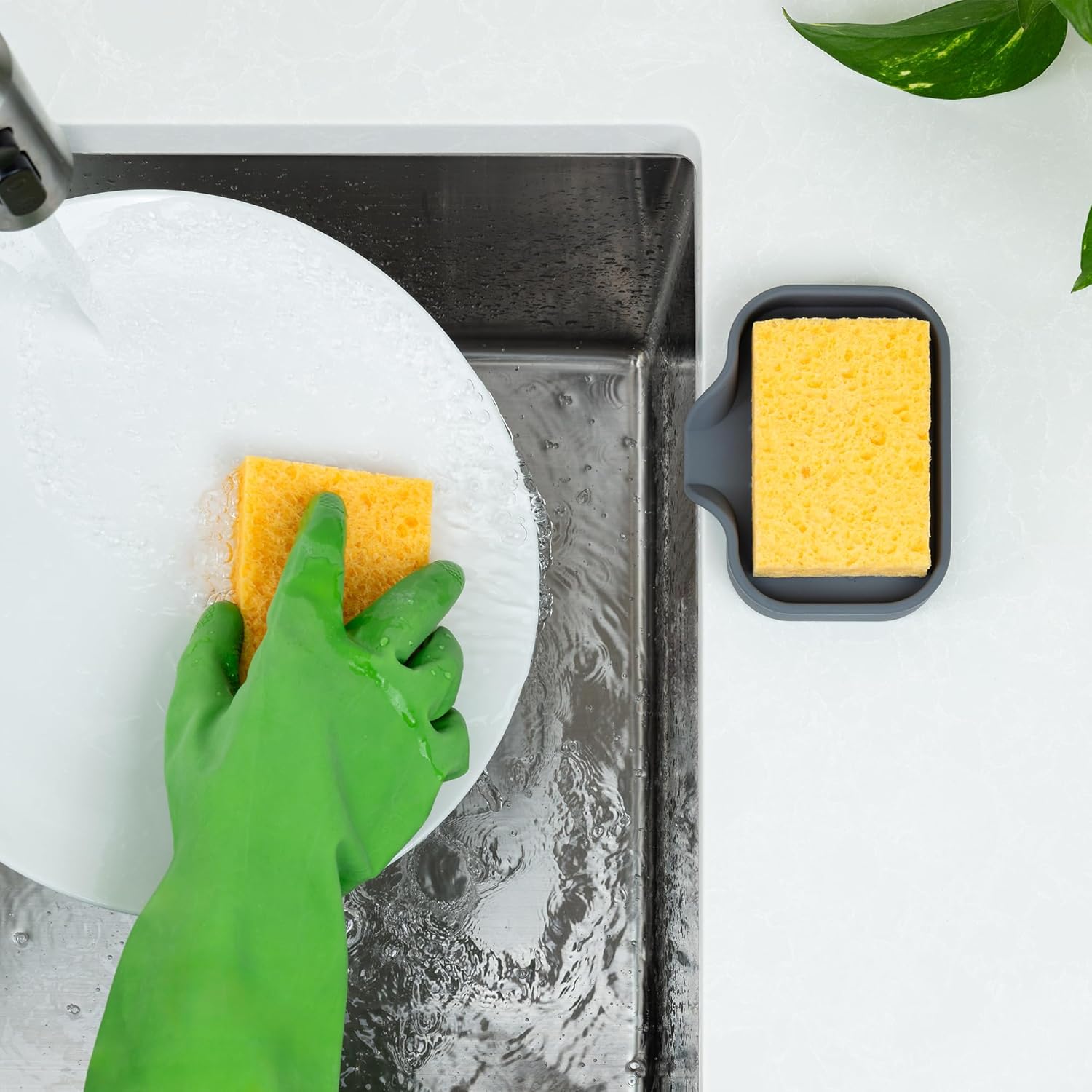 Zulay Kitchen Small Silicone Sponge Holder (4.9x3.3”) – Space-Saving Sink Organizer Tray for Sponge, Soap, Brush & More – Compact Non-Slip Dish for Kitchen & Bathroom (Grey)