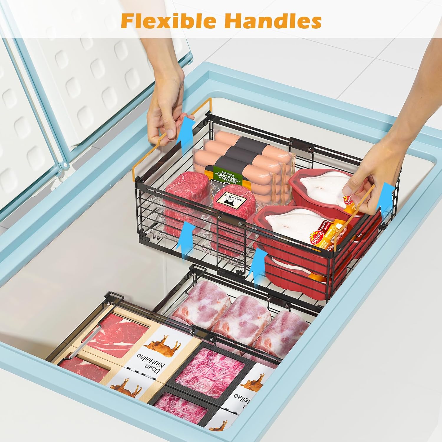 NADAMOO Freezer Organizer Bins, 3 Packs Large Expandable Stackable Chest Freezer Containers with Handle, Metal Adjustable Storage Baskets for Fridge, Deep Freezer, Cabinet, Kitchen, Pantry - Black