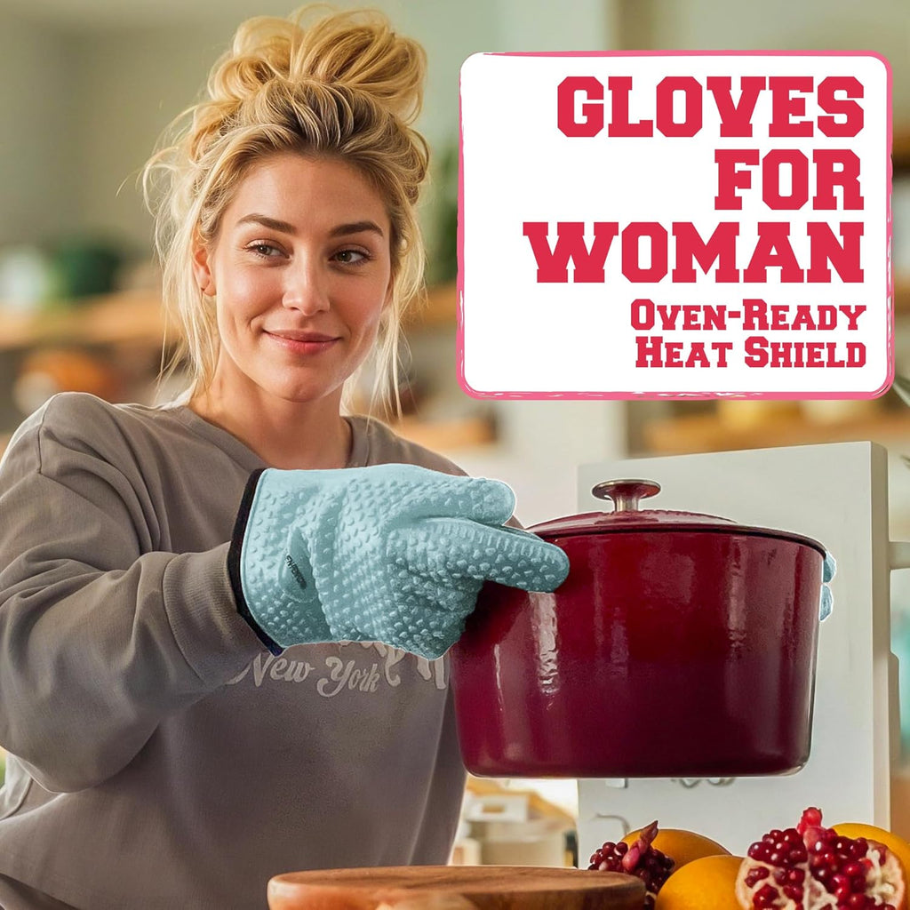 KITCHEN PERFECTION S Silicone Smoker Oven Gloves for Women -Extreme Heat Resistant BBQ Gloves -Handle Hot Food Right on Your Grill Fryer |Waterproof Oven Mitts for Cooking |Superior Set+3 Bonuses