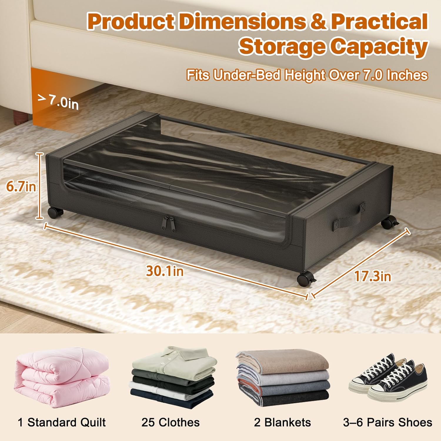 Under Bed Storage with Wheels,Under Bed Storage Containers with Clear Lids, Under-Bed Organizers for Clothes, Shoes – Durable Storage Bins with Smooth Rolling Wheels (Black, 4 Pack)