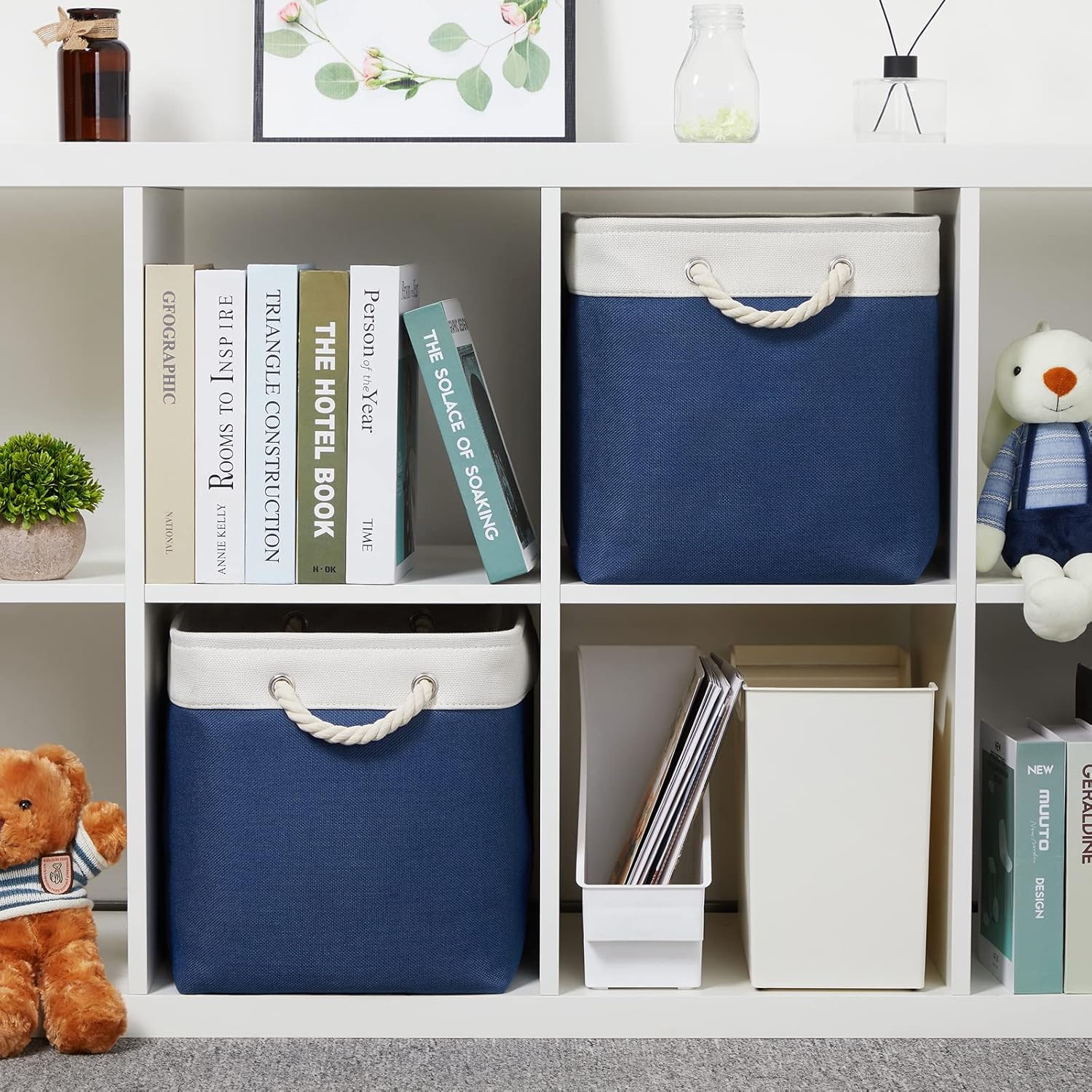 Temary Storage Baskets for Shelves, 2 Pcs Fabric Storage Bins Empty Gift Baskets for Organizing Clothes, Books, Decorative Basket with Rope Handles (White&Blue,16Lx12Wx12H Inches)