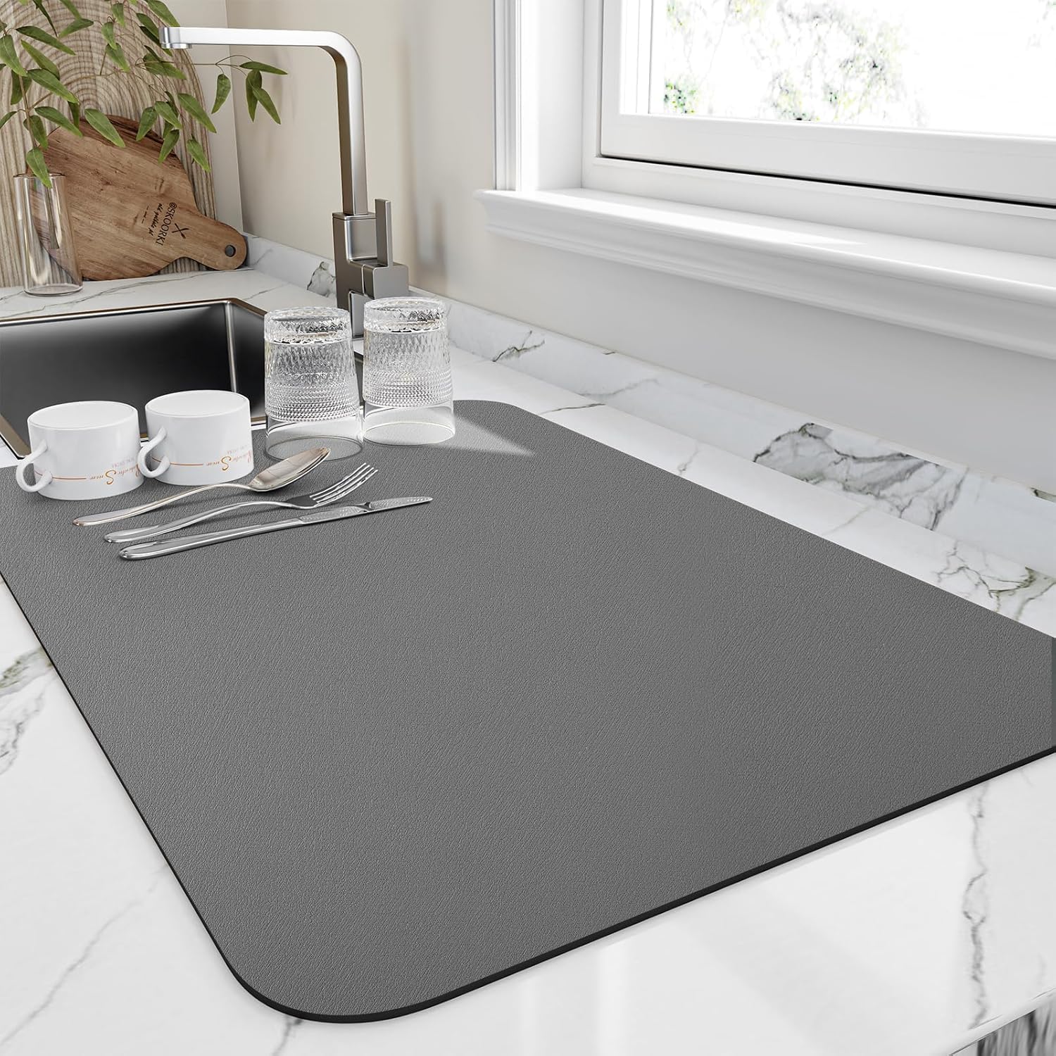 Dish Drying Mat for Kitchen Counter, Heat Resistant Drainer Mats with Non-slip Rubber Backed, Hide Stain Kitchen Super Absorbent Draining Mat, Easy to Clean Dish Rack Pad, Dark Grey 18"x28"
