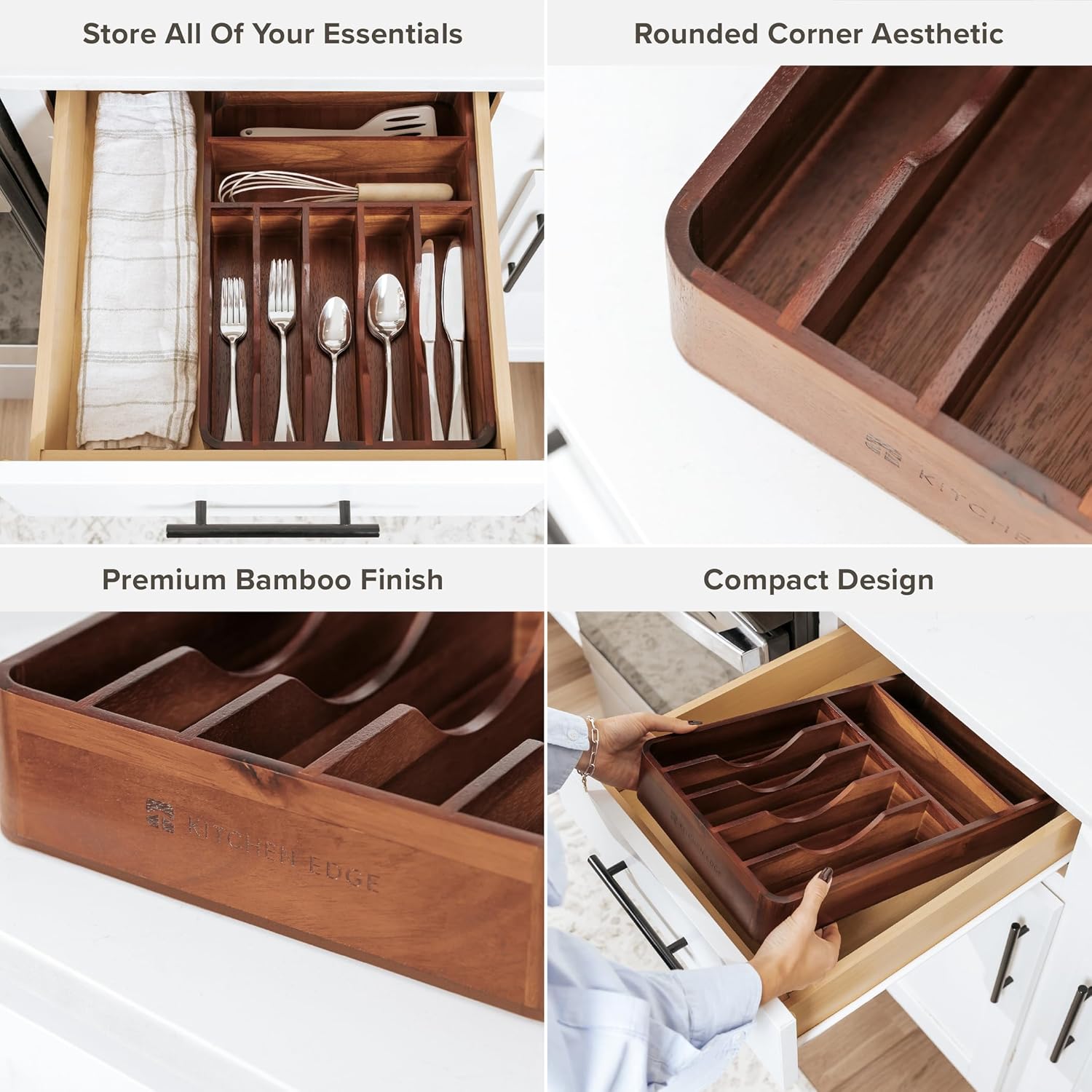 KitchenEdge Silverware Organizer - Cutlery, Flatware, and Utensil Holder for Kitchen Drawers, Fixed 10.5” Width, 7 Storage Compartments, Non-Slip Feet, Rounded Corners, Acacia Wood