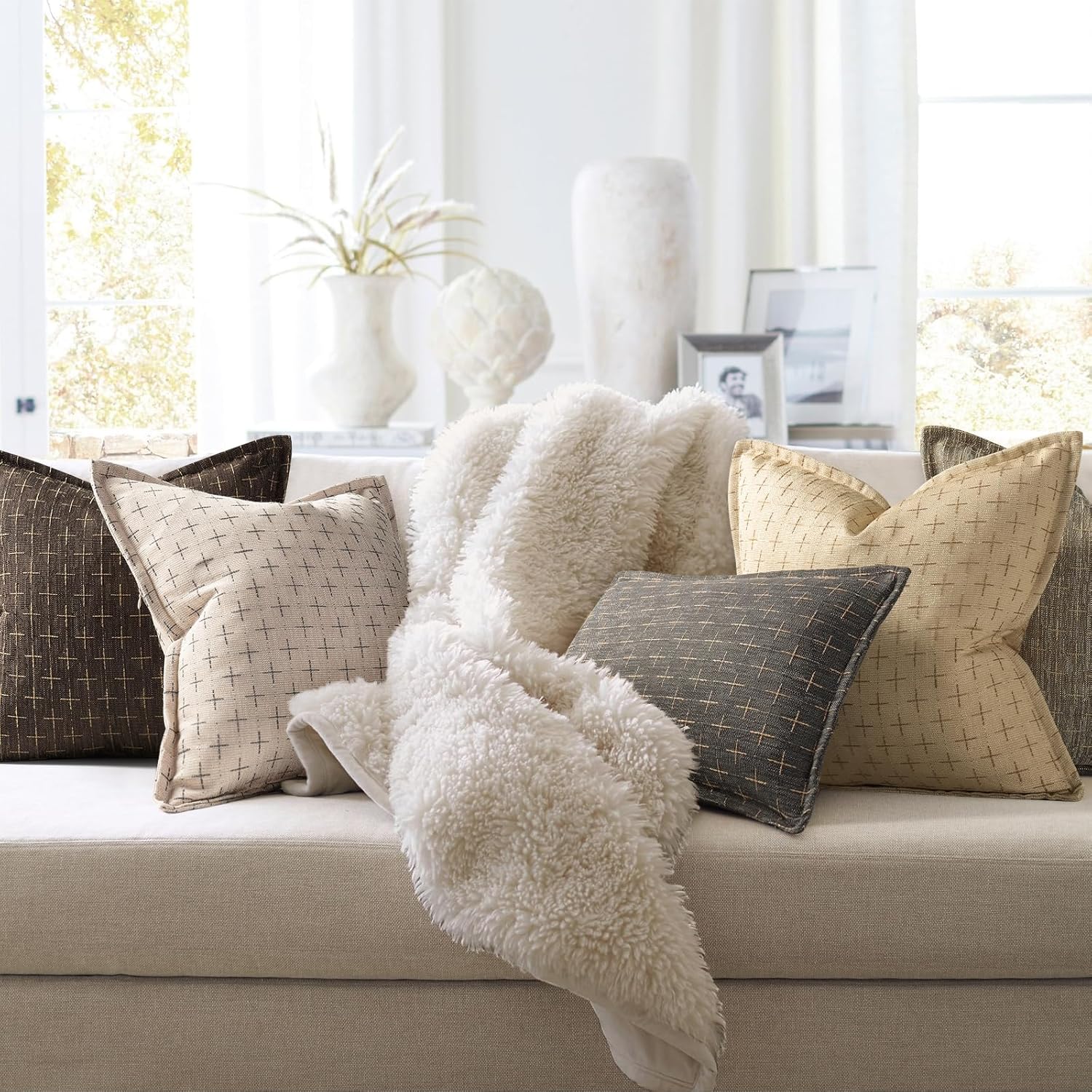 ZWJD Pillow Covers 16x16 Set of 2 Soft Polyester Textured Pillow Covers with Stylish Flange Edge Cozy Farmhouse Throw Pillows for Couch Bed Sofa Living Room
