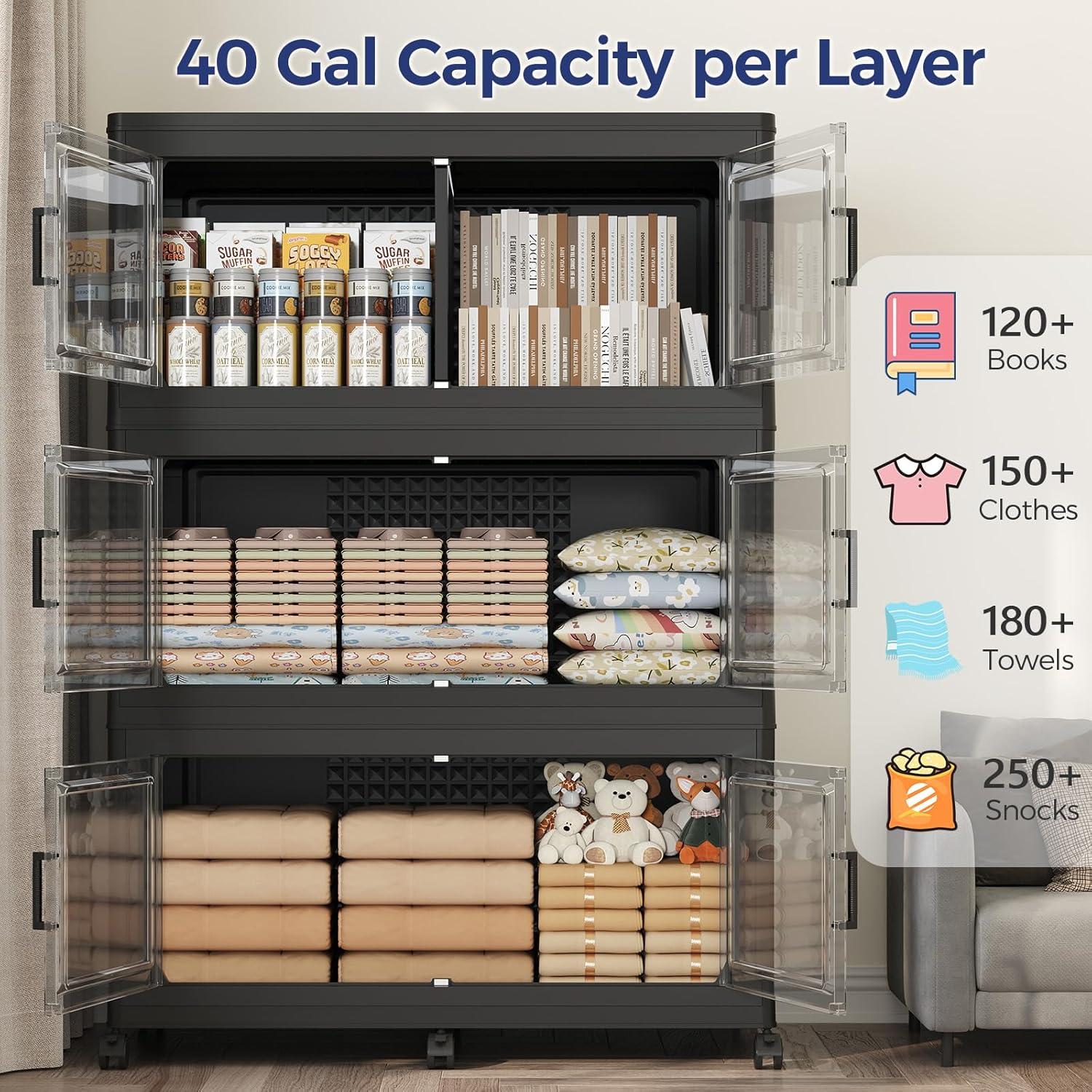 200GAL Extra Large Storage Bins with Lid, 800Qt Stackable Closet Organizers and Drawers, Collapsible Storage Bins with Wheels, Folding Storages Cabinet for Home Bedroom Office, 5Pack Black