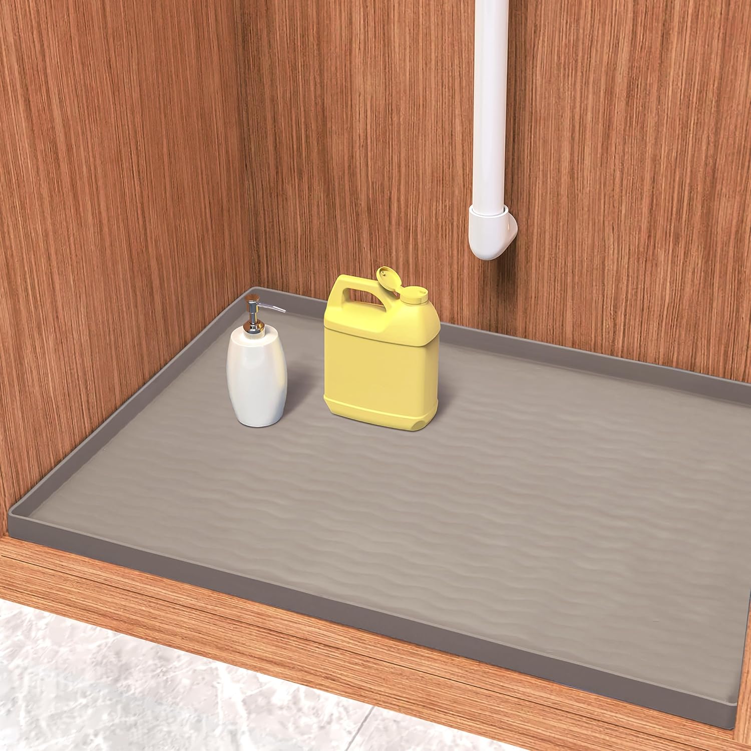 URMONA Waterproof Silicone Under Sink Mat 31'' x 22'' Shelf Liner for Kitchen and Bathroom, Cabinet and Counter Protector, Storage and Organizers, Litter Mat, Pet Cat Puppy Essentials(Beige)