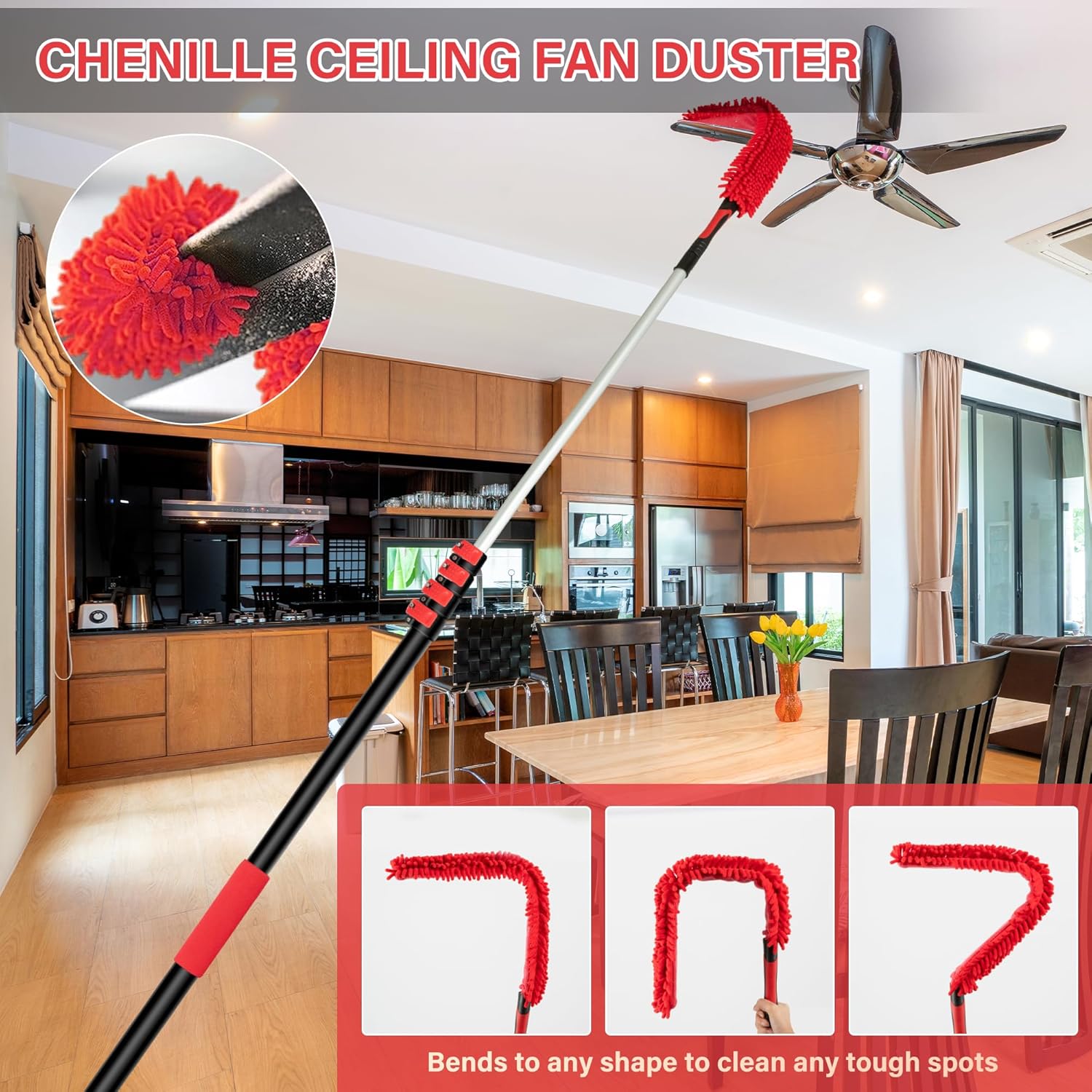 7-24 FT Extension Pole with 2 Outdoor Cobweb Brushes, 30 FT High Reach Ceiling Fan Cleaner Duster for Home, 24 FT Extendable Pole with 4 Pcs Dusting Tools, Cubweb Dusters, Feather Dusters, Fan Duster