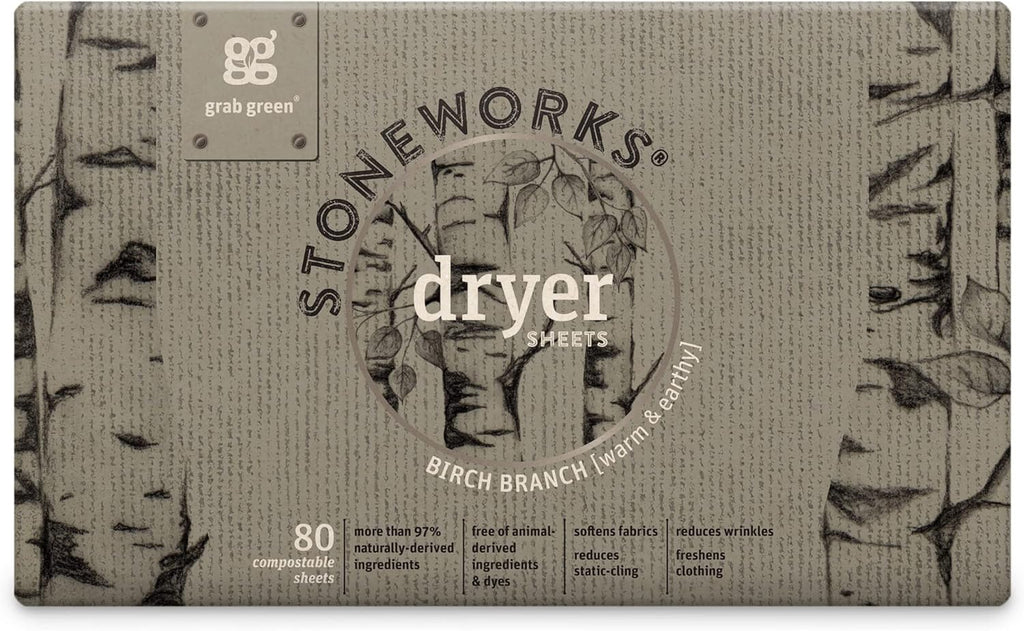 Grab Green Stoneworks Laundry Detergent Pods and Dryer Sheet Bundle, 50 Count Pods and 80 Dryer Sheets, Birch Branch Scent, Plant and Mineral Based Laundry Care Set