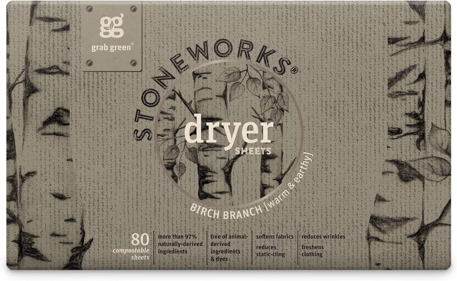 Grab Green Stoneworks Laundry Detergent Pods and Dryer Sheet Bundle, 50 Count Pods and 80 Dryer Sheets, Birch Branch Scent, Plant and Mineral Based Laundry Care Set