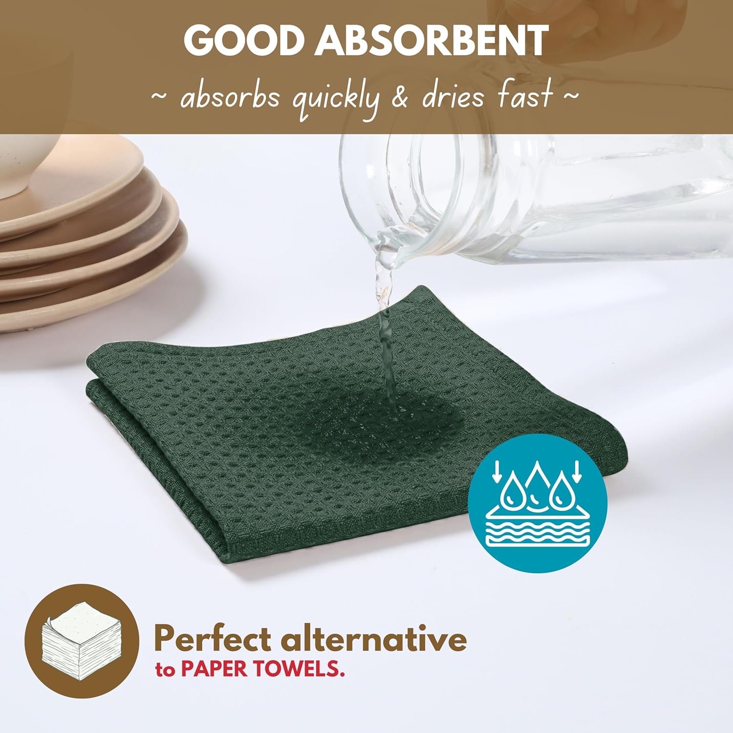 Native Fab Cotton Kitchen Towel with Hanging Loop 16x26 inches, 6-Pack, Waffle Weave Kitchen Towels for Cleaning Drying, Washcloths Soft & Absorbent Cloth Rags, Bar Towel, Dish Cloth, Olive Green