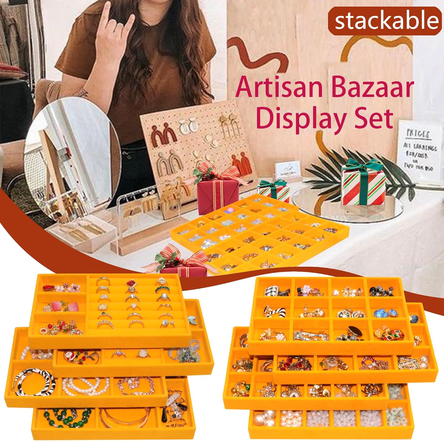 Set of 8 Stackable Velvet Jewelry Trays Organizer Jewelry Display Storage Box Dresser Drawer Organizer for Earring Necklace Bracelet Ring Accessary