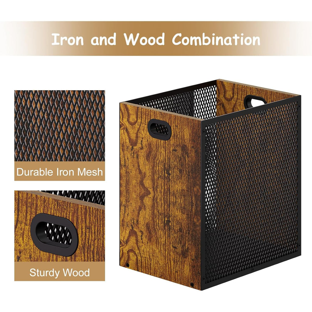 Retro Office Trash Can, Iron and Wood Combination Bedroom Garbage Can, Rectangular Design Wastebasket with Handle, Industrial Style Trash Can for Home Office, 4.5 Gallon (Patent Pending)