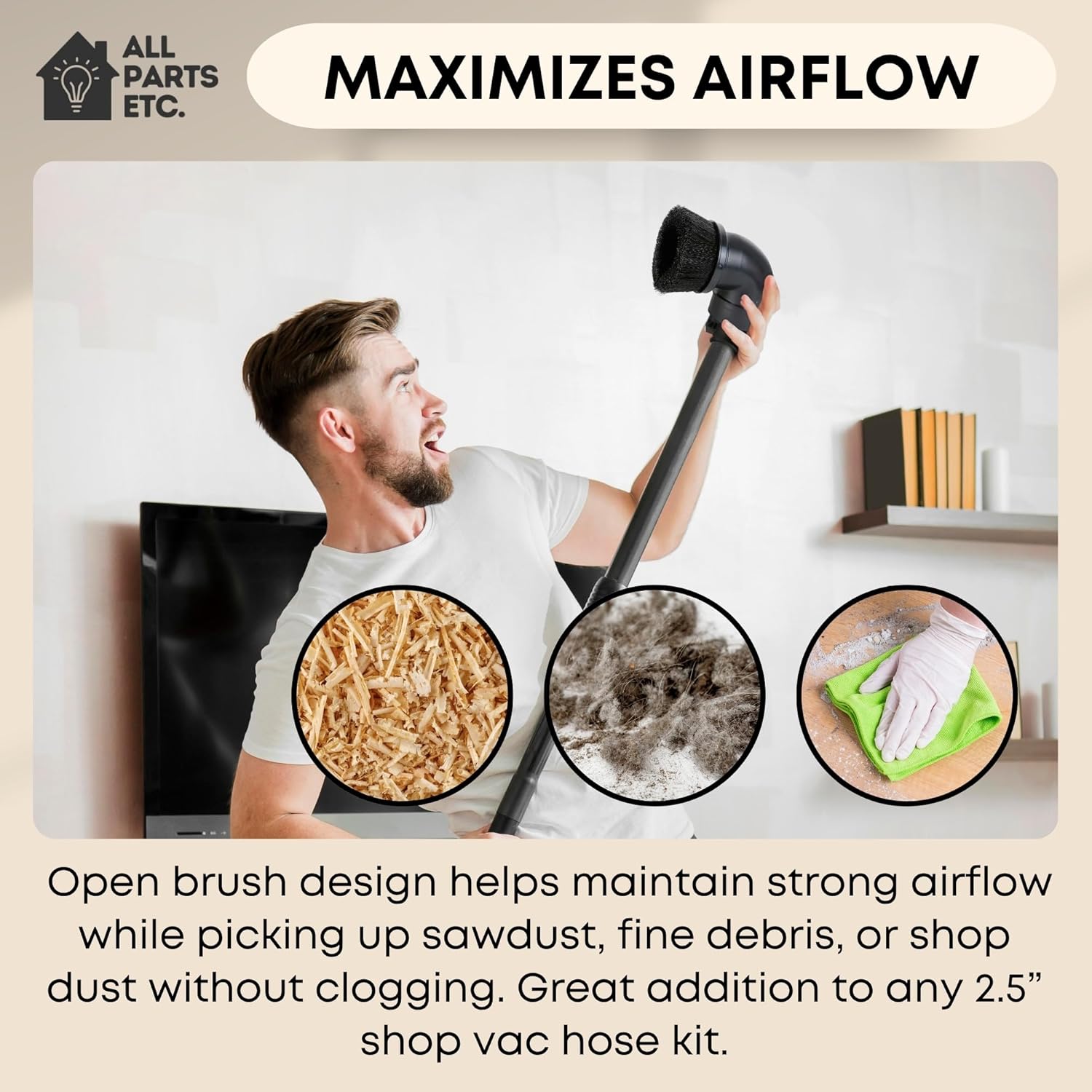 2.5" Dust Brush Attachment Compatible with Shop Vac, Craftsman, and more Wet Dry Vacuum Cleaner Accessory with Nylon Bristles Fits 2-1/2 Inch Hose - for Woodworking, Garage & Workshop Cleaning.