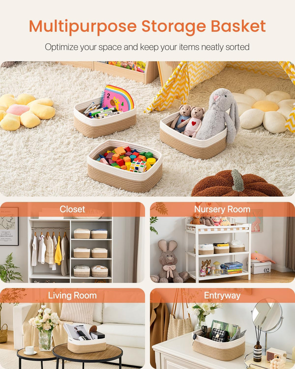 Small Woven Basket, 13.5 x 9.5 x 5 Inches, Storage Basket for Organizing, Cute Small Rope Shelf Closet Cube Storage Bins Baskets for Shelves, Dog Toy Gift Baskets Empty, 3 Pack White & Brown