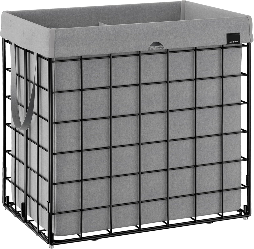 SONGMICS Laundry Hamper, 34.3 Gal. (130L) Laundry Basket, Collapsible Clothes Hamper, Removable and Washable Liner, Metal Wire Frame, for Bedroom Bathroom, Black and Gray ULCB113G01