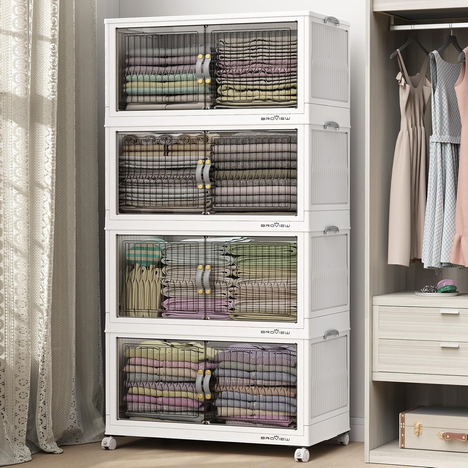 BROVIEW 480Qt Stackable Storage Bins with Lid, Extra Large Closet Organizer Collapsible Drawer Boxes with Wheels, Folding Plastic Cabinet Containers for Home Kitchen Room Organization, 4Pack White