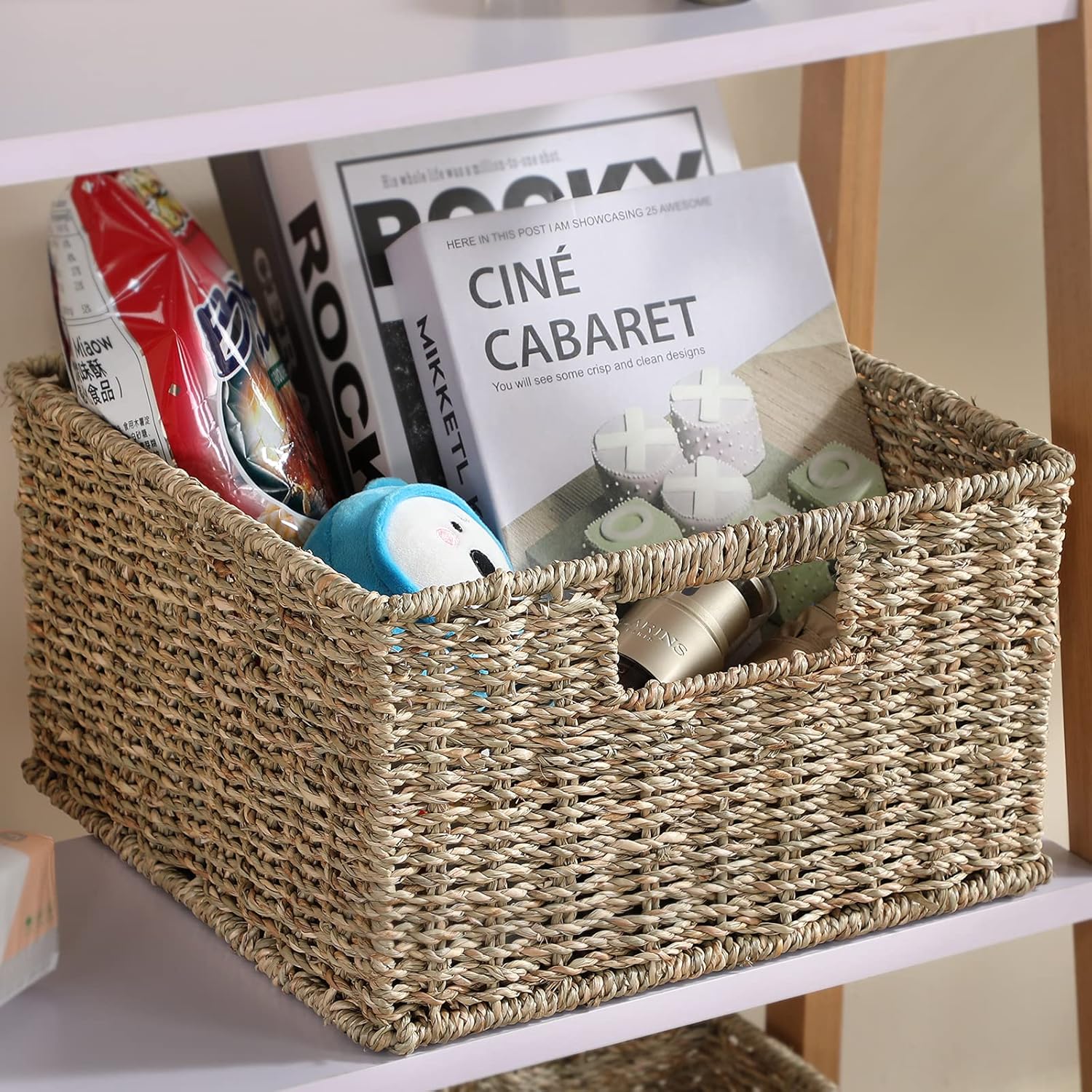 HOONEX Wicker Storage Baskets for Organizing, Decorative Woven Seagrass Baskets for Storage with Carrying Handles, Set of 2, Natural