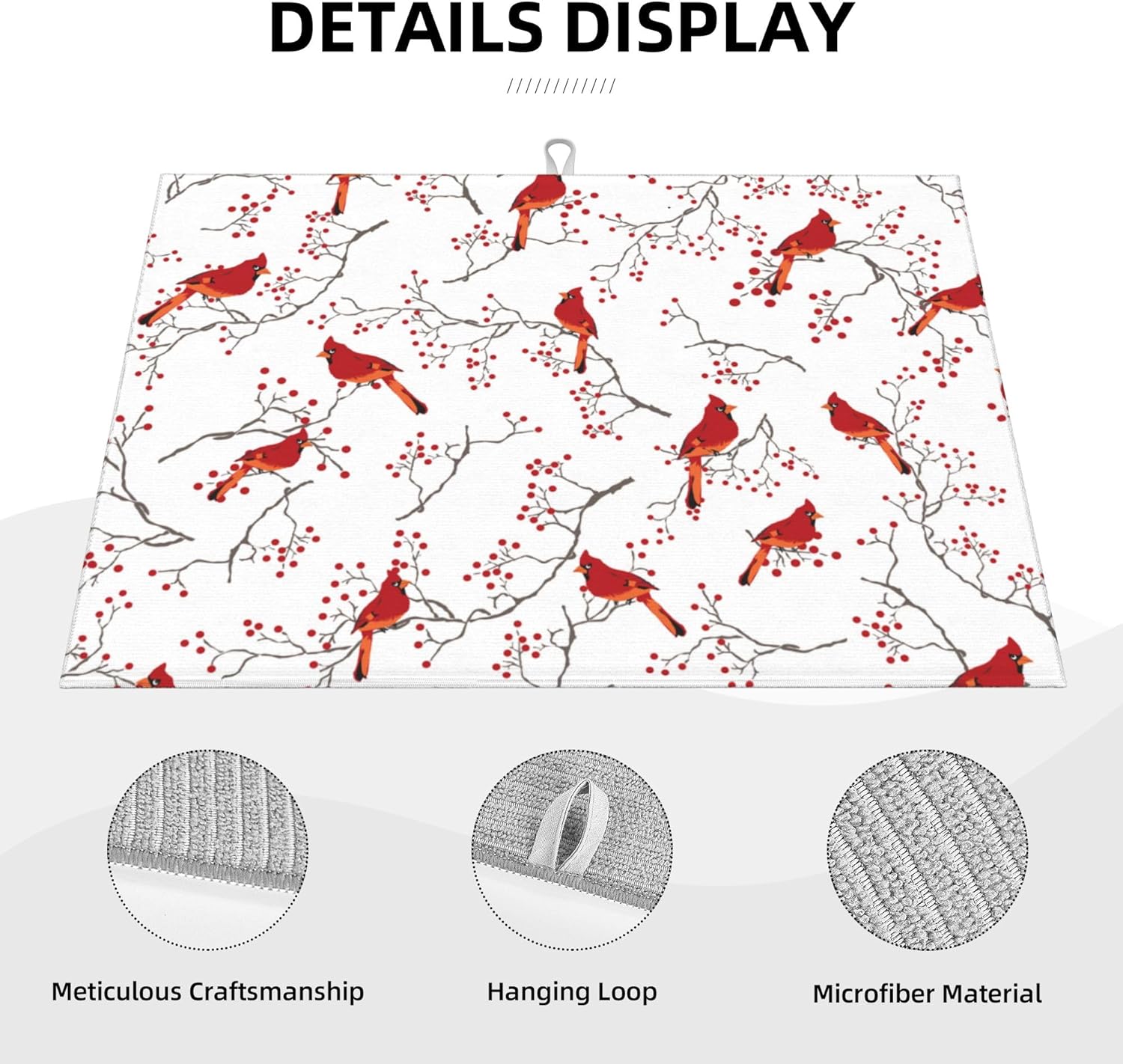 Cardinal Bird Red Berry Decor Microfiber Dish Drying Mat for Kitchen Counter Cute Dishes Pad Dish Drainer Rack Mats 18"x24" Absorbent Washable Reusable Home Holiday Decor