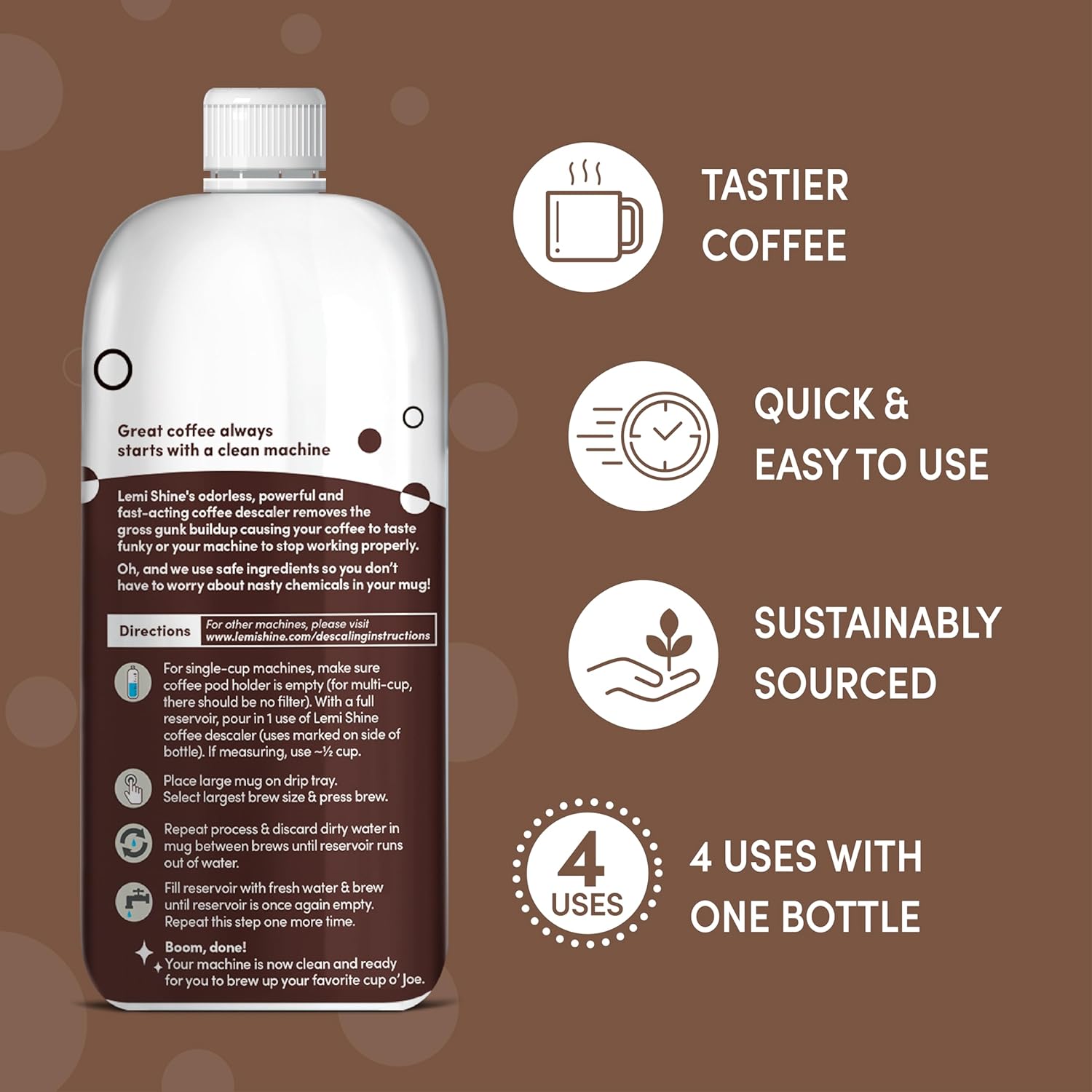 Lemi Shine Coffee Descaler - Food-Grade Citric Acid Coffee Maker Cleaner for Nespresso, Keurig, and More - 15 oz