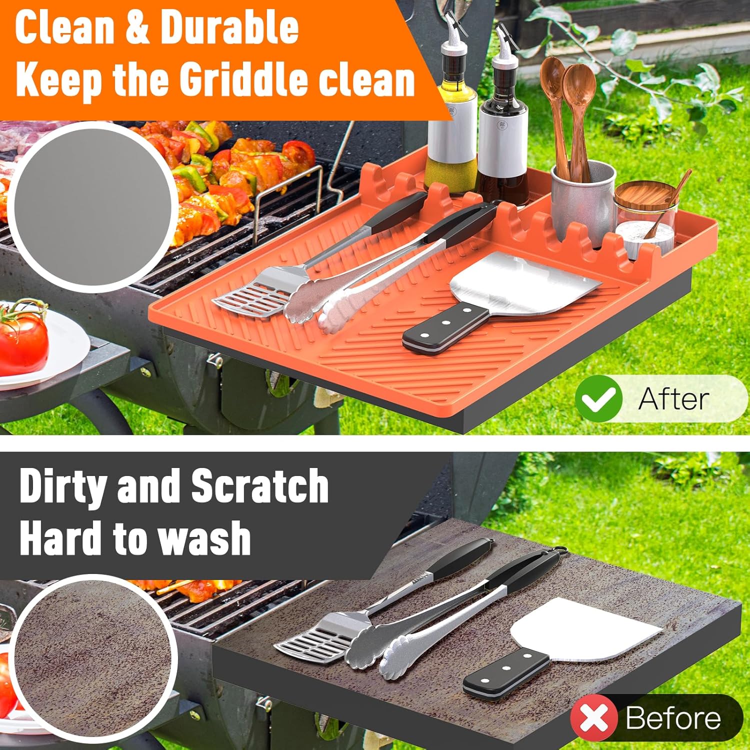 Silicone Grill Mat Compatible with Blackstone, Silicone Griddle Tools Mat with Drip Pad, Spatula Mat for Outdoor Grill Kitchen Counter (Orange)