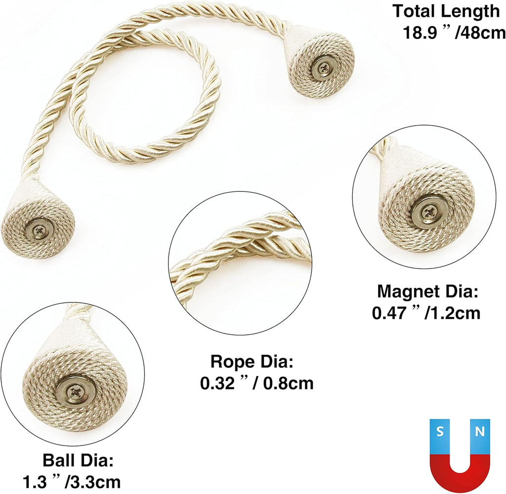 4 Pack Magnetic Curtain Tiebacks Rope Modern Handmade Curtain Tie Backs Decorative Drapes Weave Holdbacks for Window Décor, Beige
