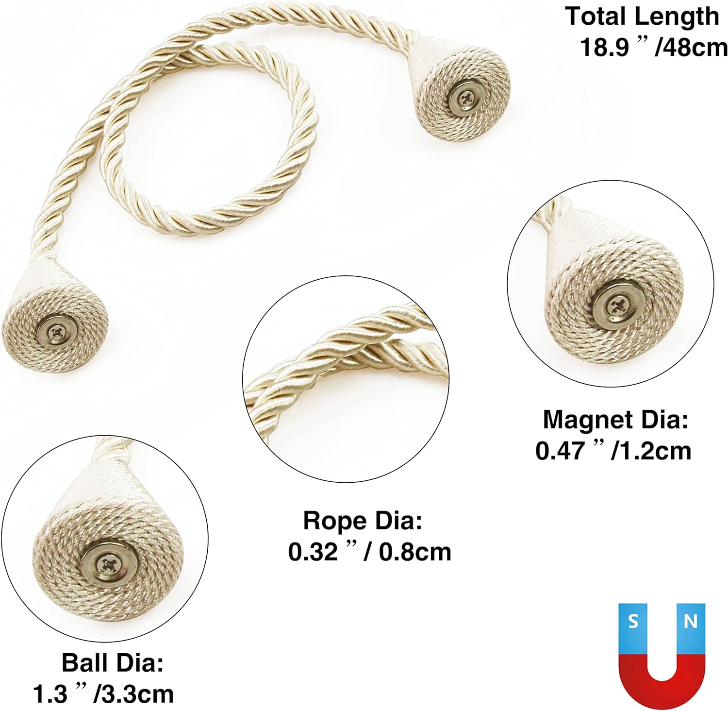 6 Pack Magnetic Curtain Tiebacks Rope Modern Handmade Curtain Tie Backs Decorative Drapes Weave Holdbacks for Window Décor, Beige
