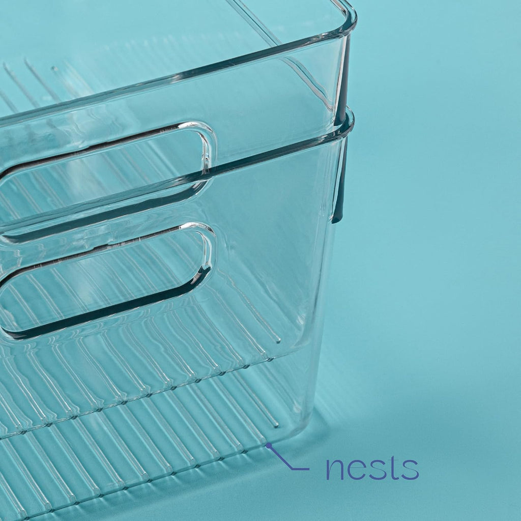 Plastic Food Storage 4 Pack Clear Container Bin with Handles for Organizing Kitchen, Pantry, Refrigerator, Freezer, Pantry, Cabinet, Closet, Bathroom. 10”x7.5”x5.3”