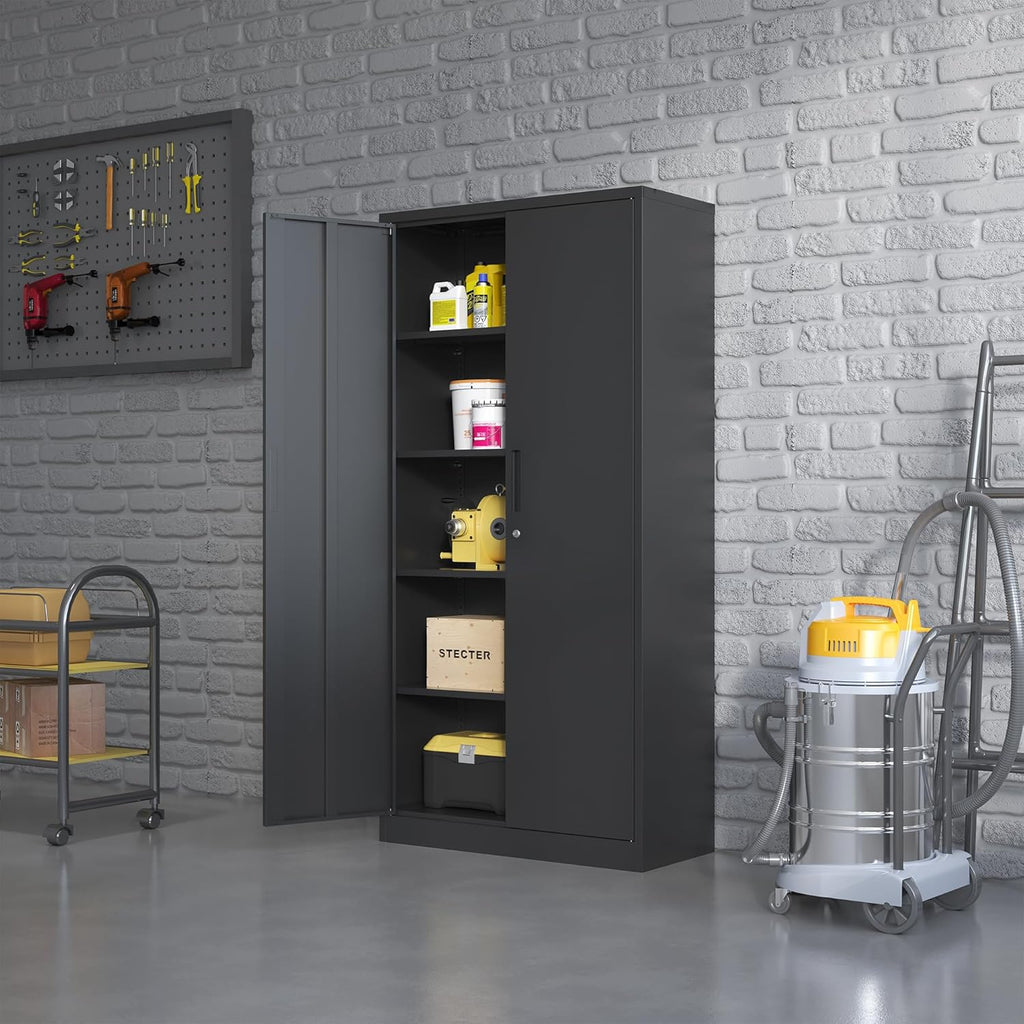 72'' Garage Storage Cabinet, Lockable Storage Cabinet with Adjustable Shelves, Steel Tool Cabinets for Home, Office, Garage, Require Assembly, Black