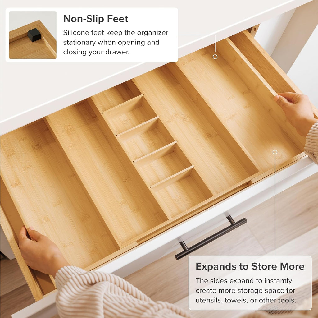 KitchenEdge Adjustable Kitchen Drawer Organizer for Utensils and Junk, Food-Safe Contract Grade with 100% Sustainable Wood, Expandable from 16 to 28 Inches Wide - Natural Bamboo