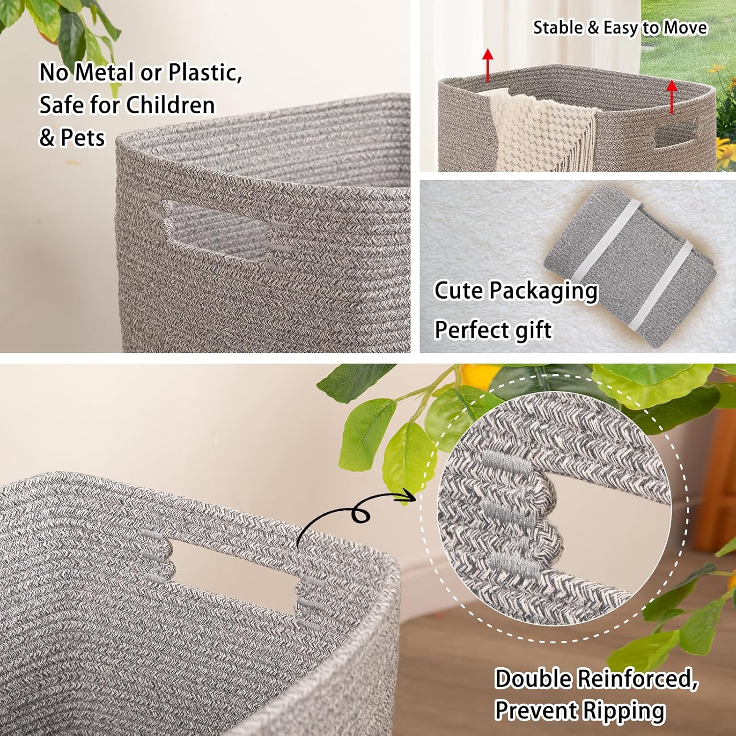 OIAHOMY Laundry Hamper, Laundry Basket，Rectangle Cotton Storage Basket with Handles, Large Blanket Basket for Living room, Woven Decorative Storage for Toys,Clothes,Pillows-16x13x22in-Grey variegated