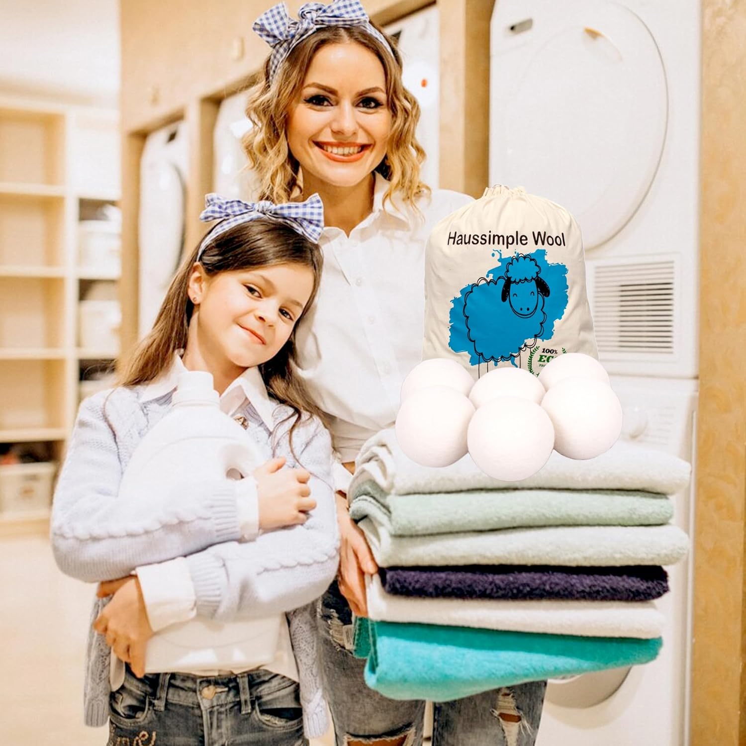 Wool Dryer Balls Organic Felt 6 Pack Laundry Fabric Softener, Extra Large Reusable Handmade Natural Sheep Wool Lint Wrinkle Free Anti Static Baby Safe (Plain White)