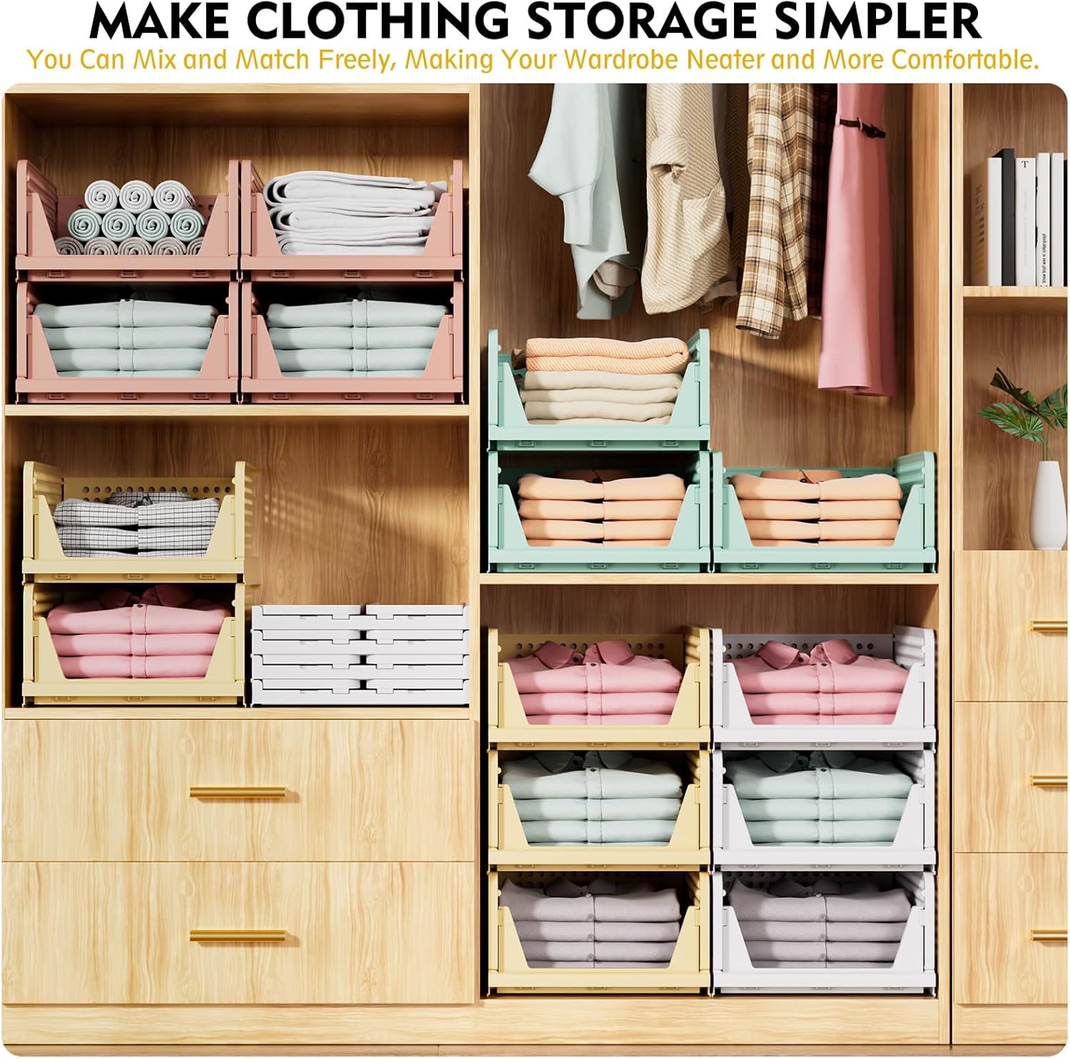 SNSLXH 5 Pack Stackable Closet Organizer Box, Multifunctional & Foldable Closet Storage Basket for Bathroom Kitchen Laundry Room Wardrobe Storage, Space-Saving Clothes Storage Drawer Organizer, Green