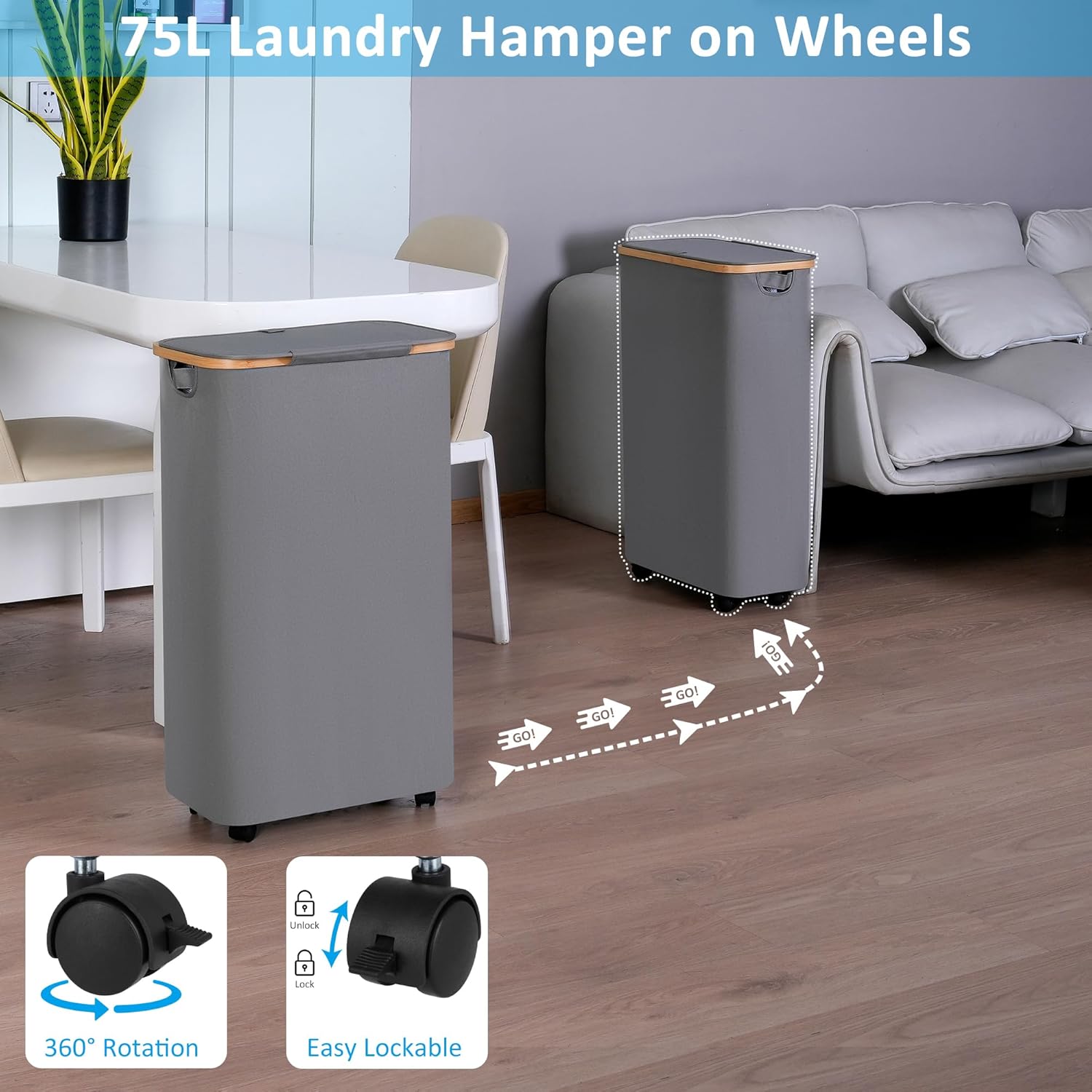 efluky Slim Laundry Basket with Wheels, Narrow Rolling Laundry Hamper with Lid and Removable Bag, Tall Aesthetic Dirty Clothes Hamper on Wheels for Laundry Room, Bedroom, Dorm and Bathroom, 75L Grey