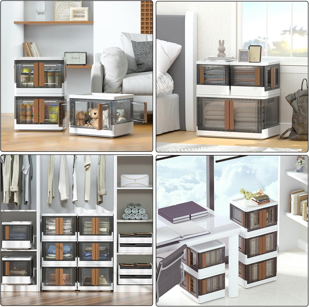 HAIXIN Folding Storage Bins with Left Doors and Right Doors Opening, 6.86 Gal Bookcase, Stackable Storage Cabinet, Plastic Shelves Organizer, Space-Saver Pantry Storage, Room Organization, 6 Pack