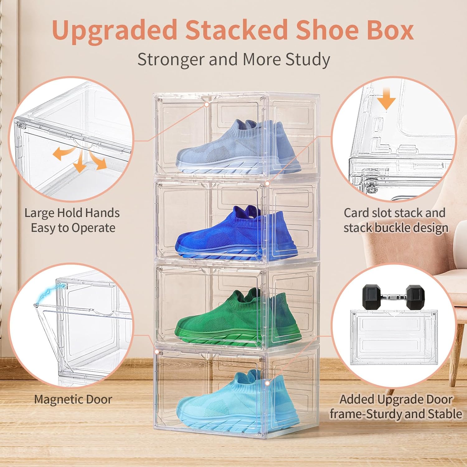 12 Pack Clear Shoe Boxes Stackable,Large Shoe Storage Organizer with Magnetic Door,Drop Side Shoe Containers for Entryway,Sneaker Storage Fit up to US Size 12 for Men/Women