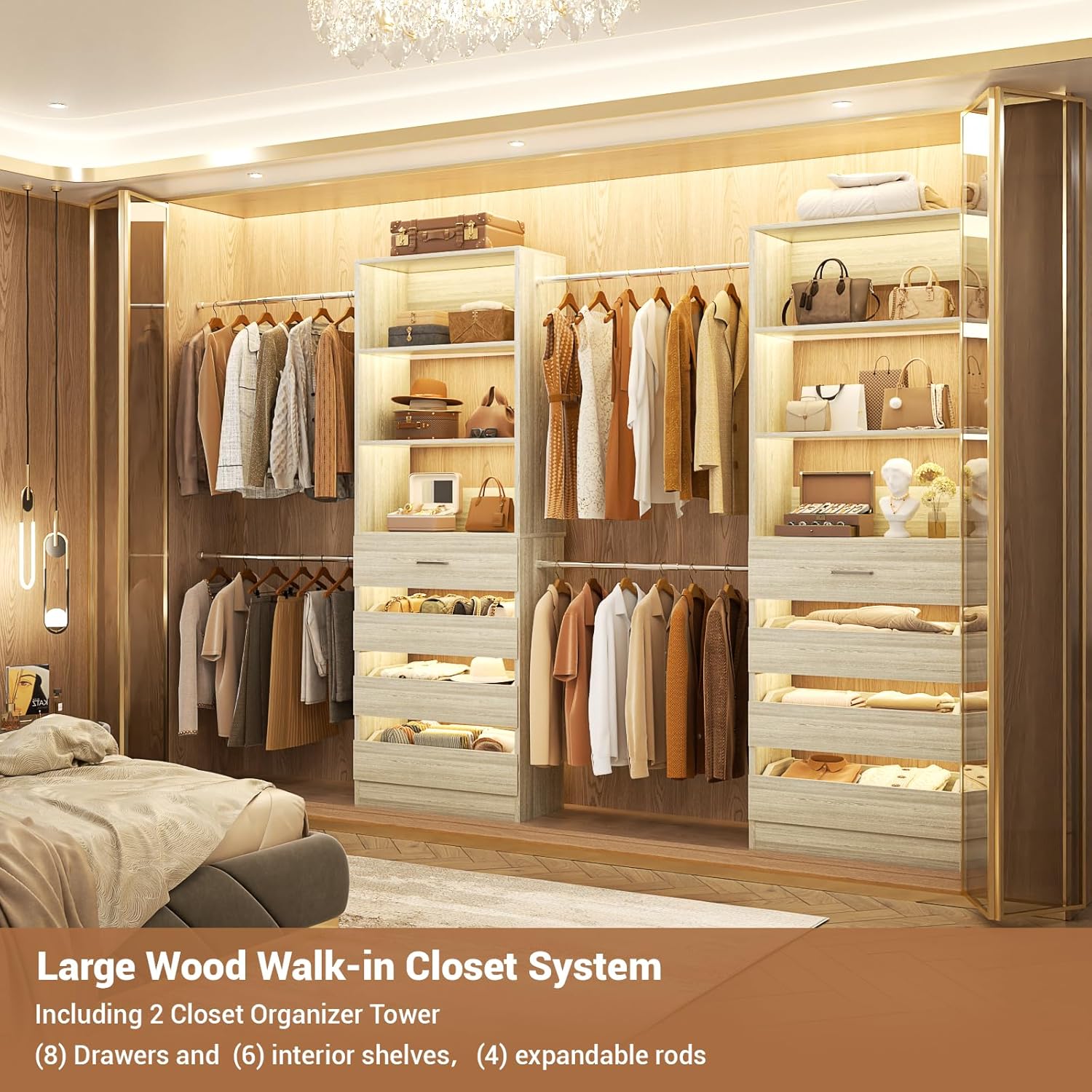 Aheaplus Closet System, 6-15Ft Closet Organizer with 8 Wooden Drawers, Wood Closet Organizer System with Tower, Walk-in Closet Organizer Wardrobe Garment Clothes Rack with 4 Hanging Rods, White Oak