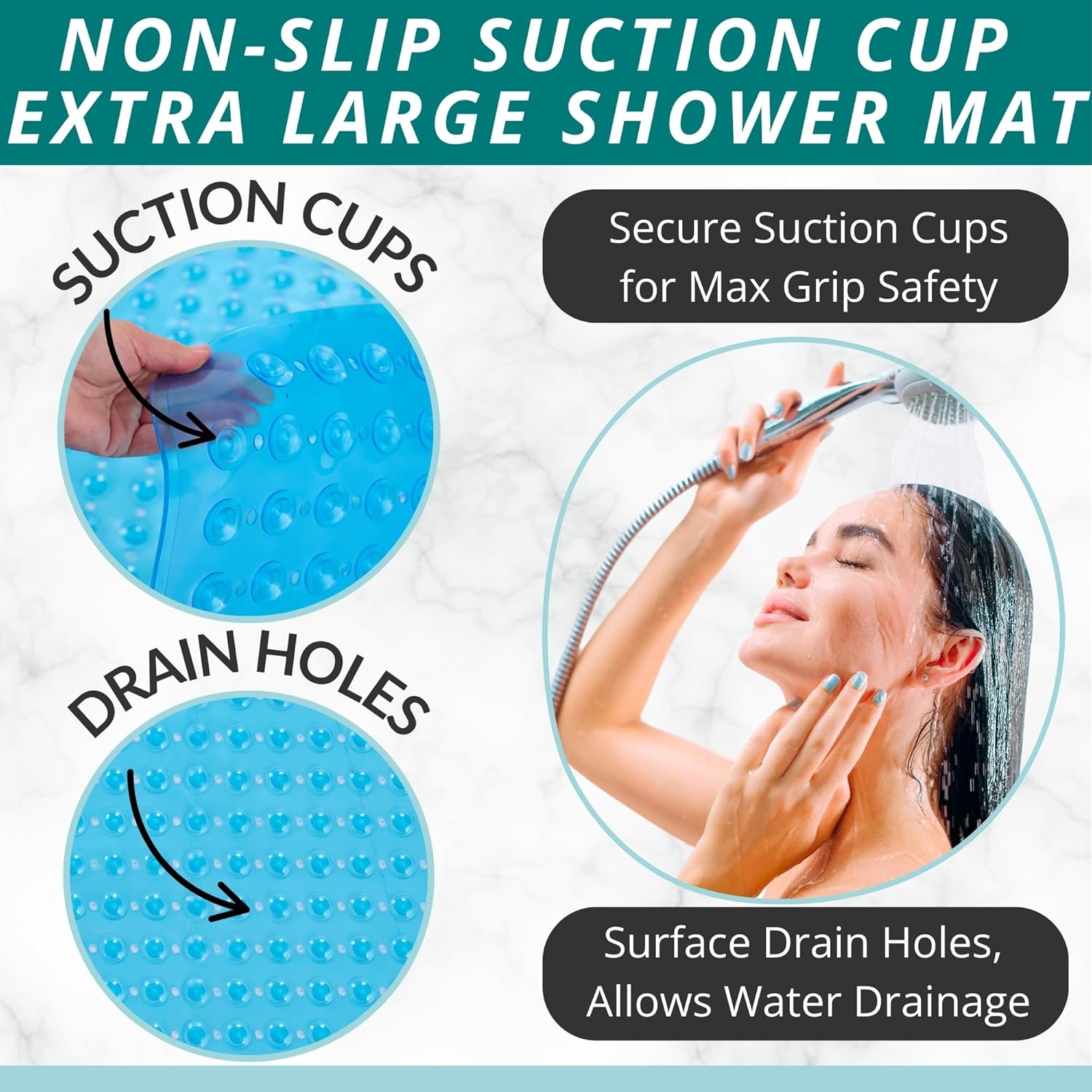 ENKOSI Extra Large Square Non Slip Shower Mat - 31 x 31-inch XL Bathroom Shower Mat - Square Shower Matts for Shower Stall Floors | Secure Suction Cups and Drain Holes (31x31 Clear Blue)