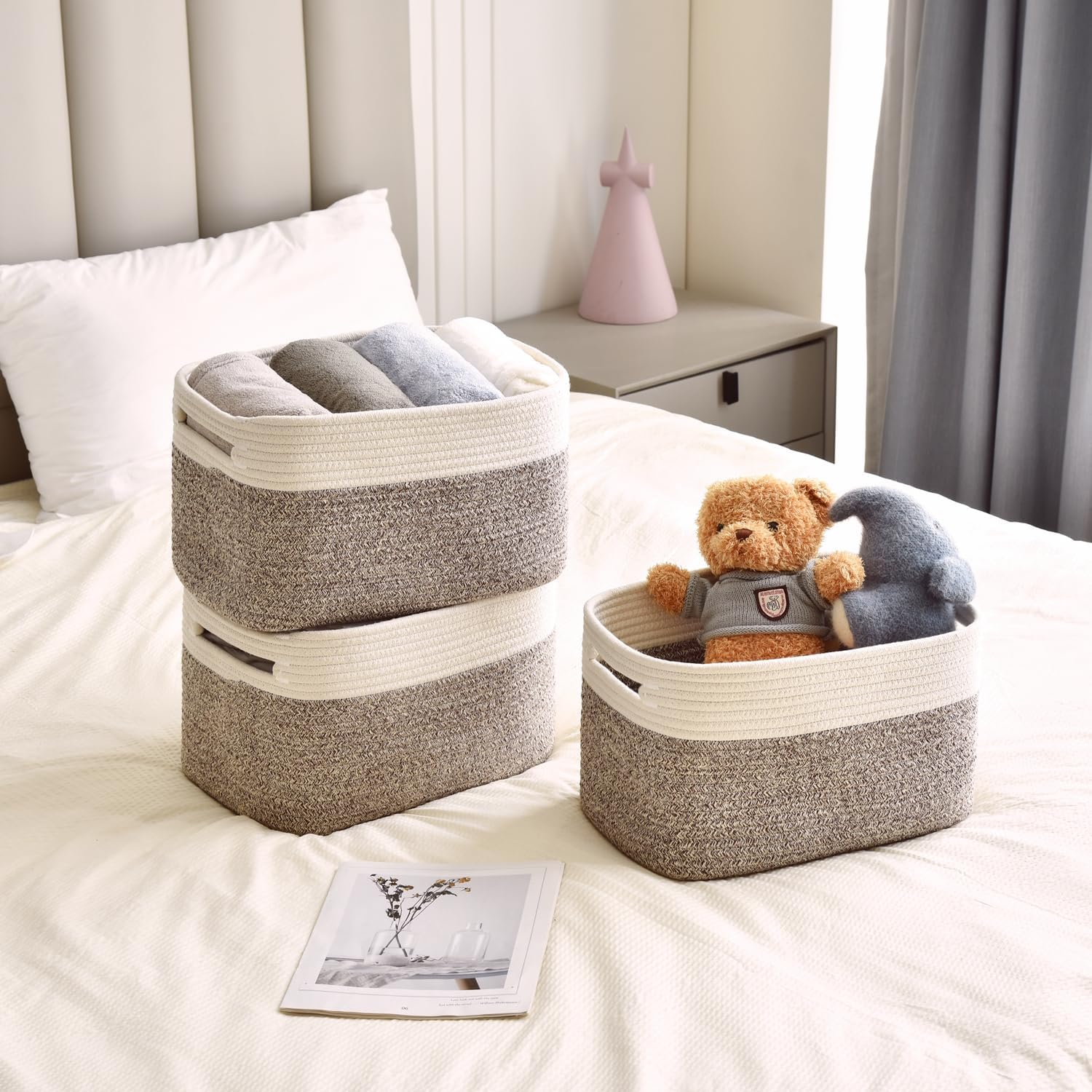 Storage Basket,Woven Baskets for Storage,Cotton Rope Baskets for Organizing,book Basket,towel,Toy Basket or Storage Bins for Living Room - 3 Pack,Brown